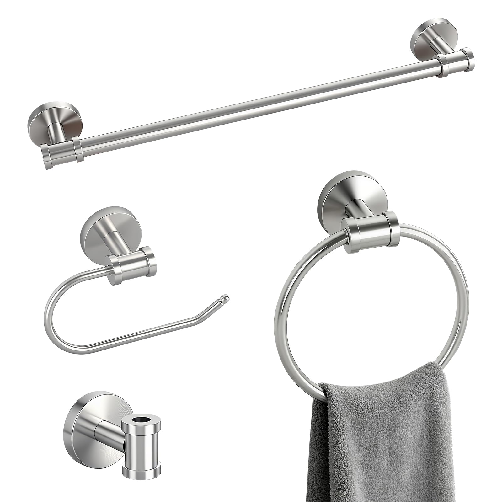 Lovav Brushed Nickle 24in Brushed Nickel 4 Piece Bathroom Hardware Set SUS304 Stainless Steel Towel Rack Toilet Paper Holder Hook Towel Ring
