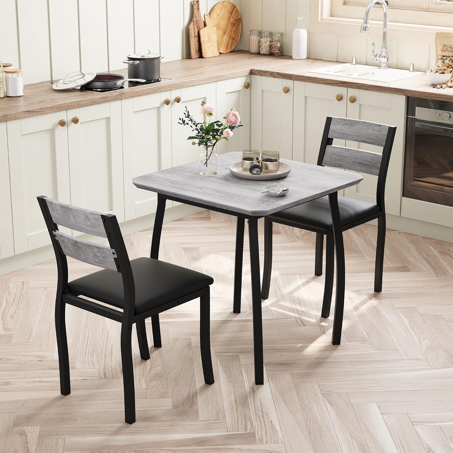 Qeetex DYQ-PHK-33WWXNNN 3 Piece Dining Table Set for 2  Farmhouse Kitchen Table and Upholstered Chair  Metal Frame Square Dining Room Furniture for Small Space  Apartment  Studio