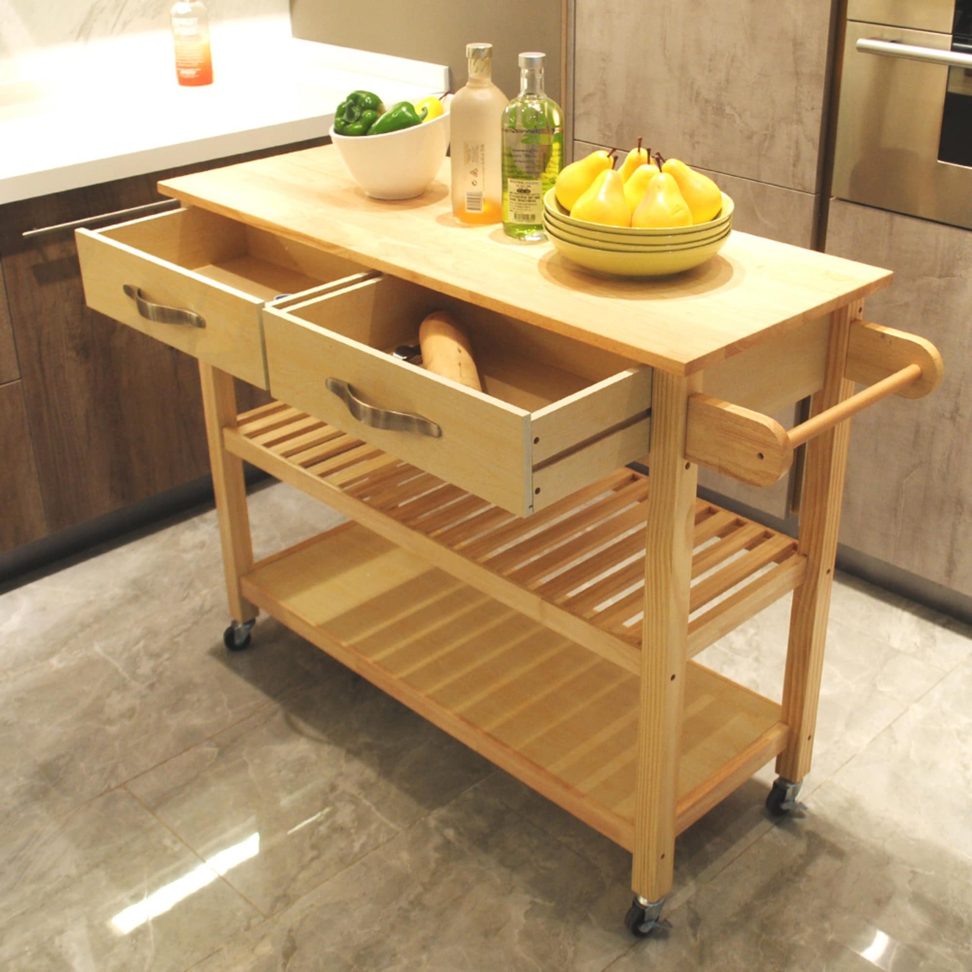 Miki Shinly White Mdf Base with Wood Top Rolling Kitchen Island (17-in x 35-in x 45-in)