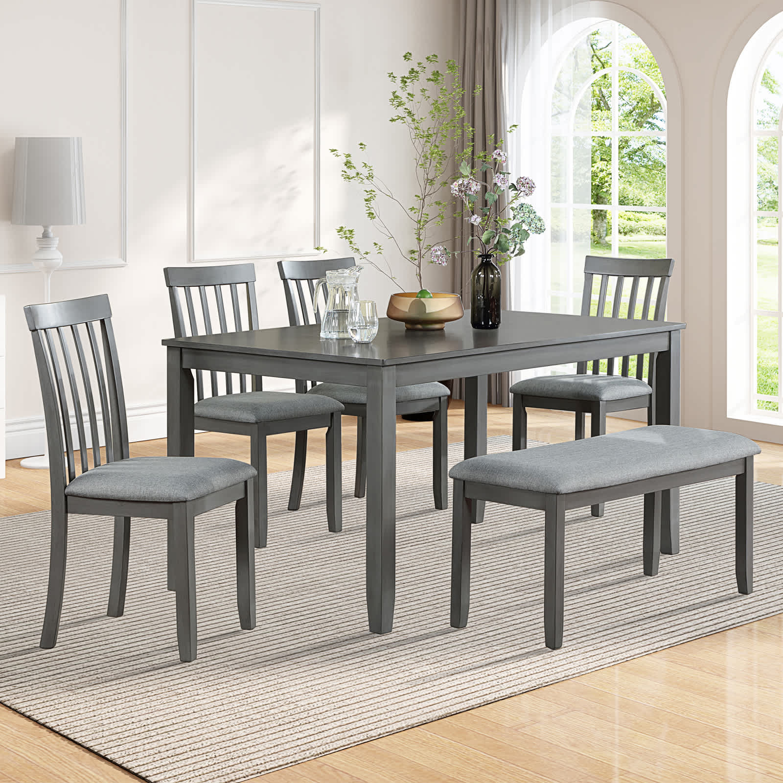Vynxaria LESX1265-DJCZ-TZ008 6 Piece Dining Table Set Rectangular Wooden Table with 4 Upholstered Chairs 1 Bench Seats 6 Waterproof for Kitchen Living Room Home Bar Gray Vertical slatted backrest