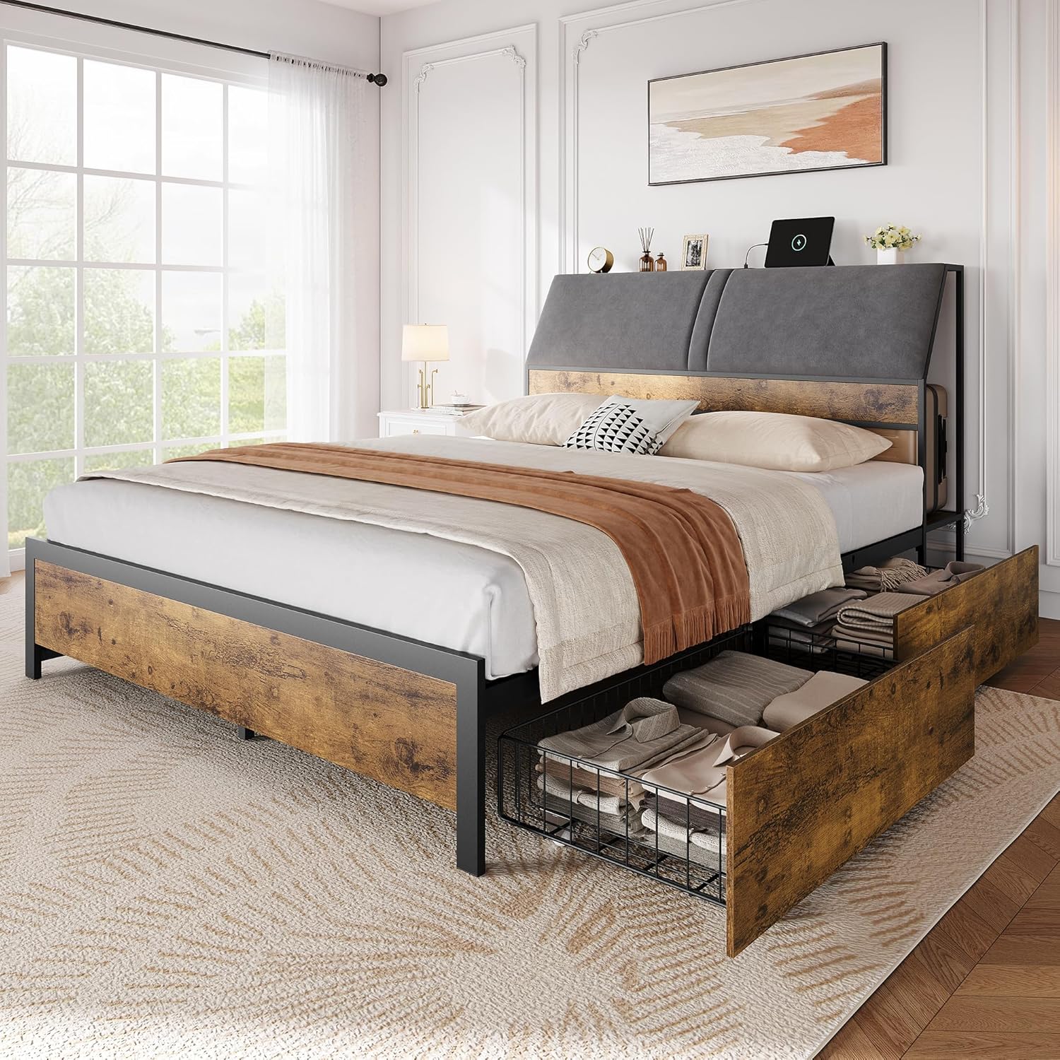 Qeetex LHF-BED-PHO-14YP5P93 Queen Size Bed Frame with 4 Drawers Upholstered Platform Bed with Charging Station and Ergonomic Headboard 3 Ties Large Storage Reinforced Strong Support No Box Spring Needed Rustic Brown