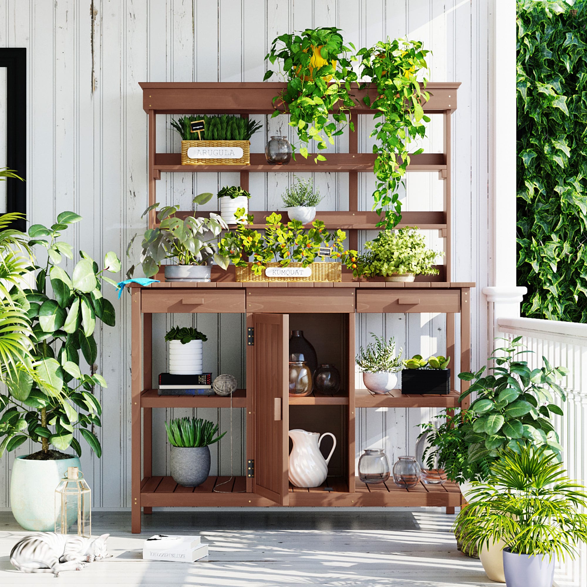 Runesay GARPOTPL-06 Rectangle 19.7-Inches W Medium Brown Wood Farmhouse Indoor/Outdoor Planter bench Stand Included