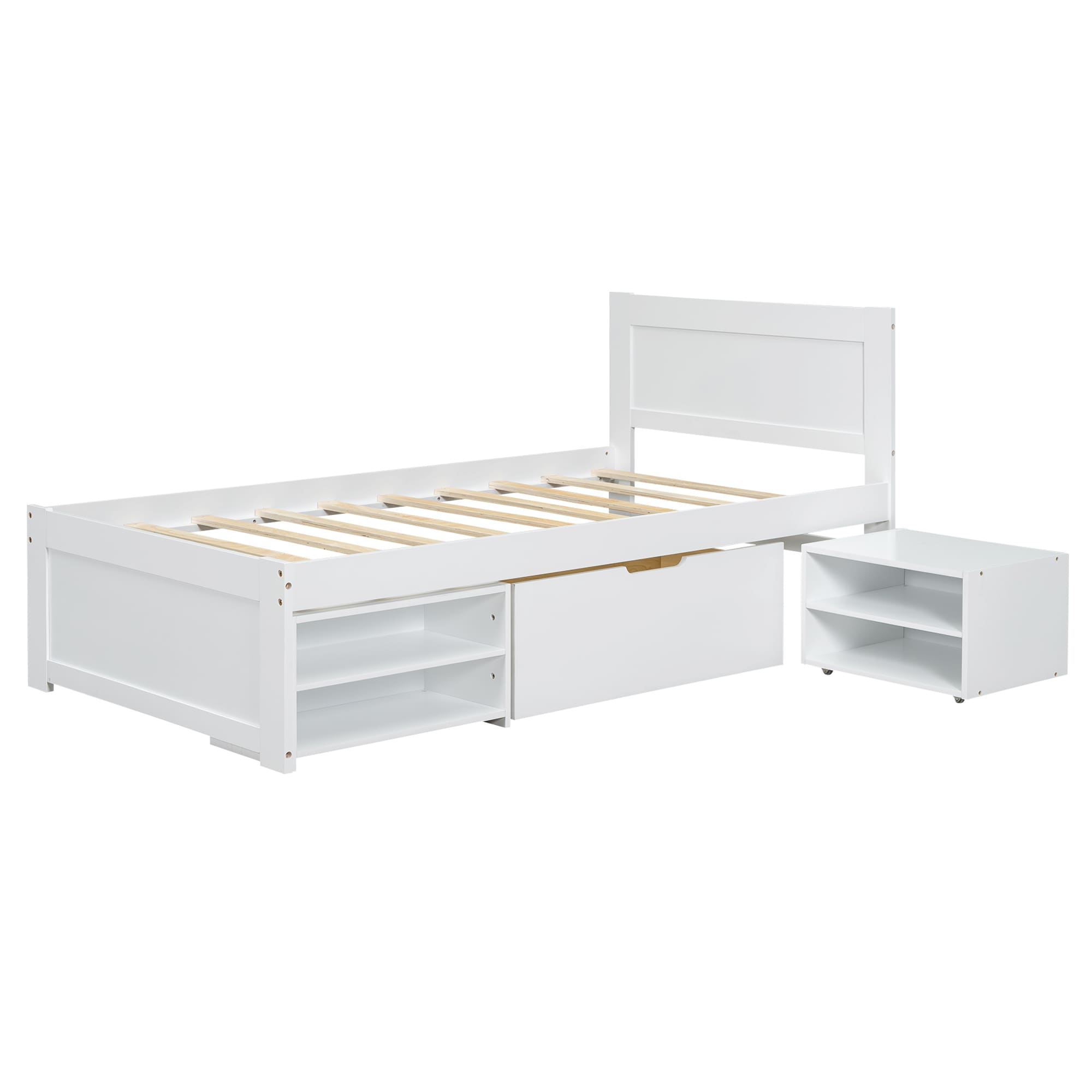 Damerin BD-A06 White Twin Wood Bed frame Bed with Storage