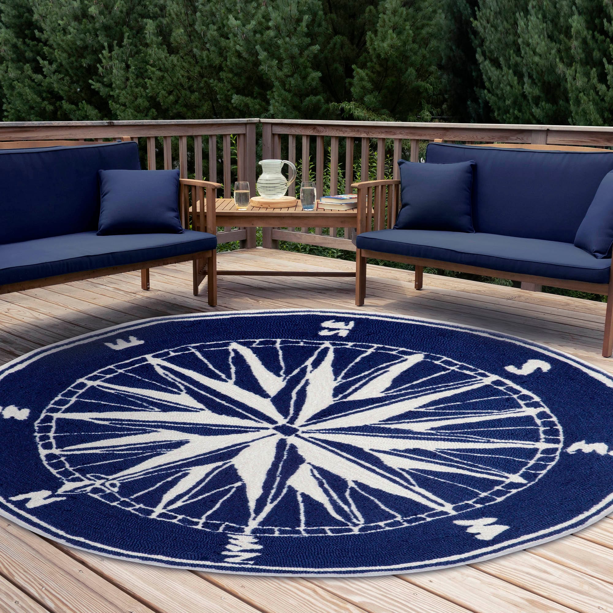 Liora Manne FTPD5144733 Frontporch 5 x 5 (ft) Tufted Polyester Navy Round Indoor/Outdoor Coastal Area rug