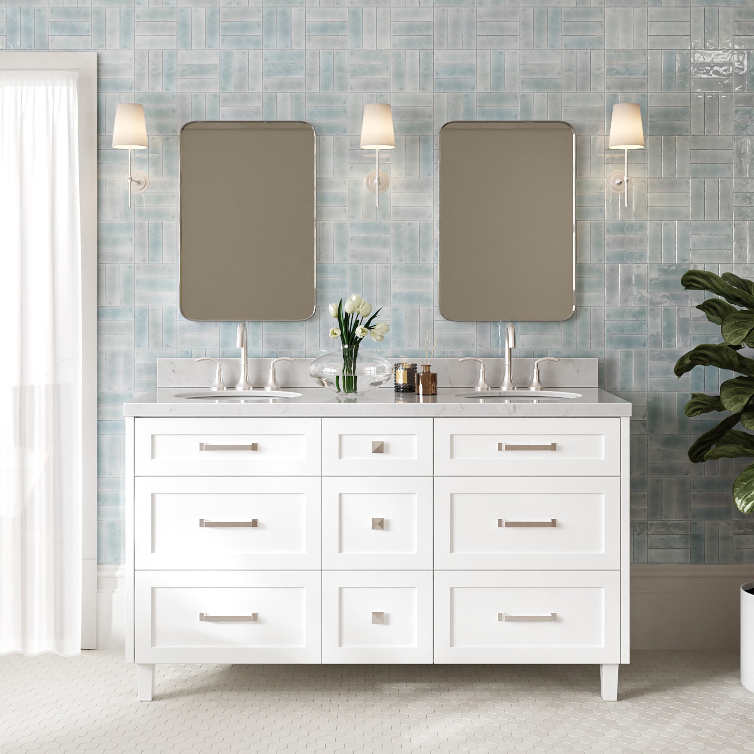 ARIEL - Monroe 60-in White Undermount Double Sink Bathroom Vanity with Carrara White Quartz Quart...