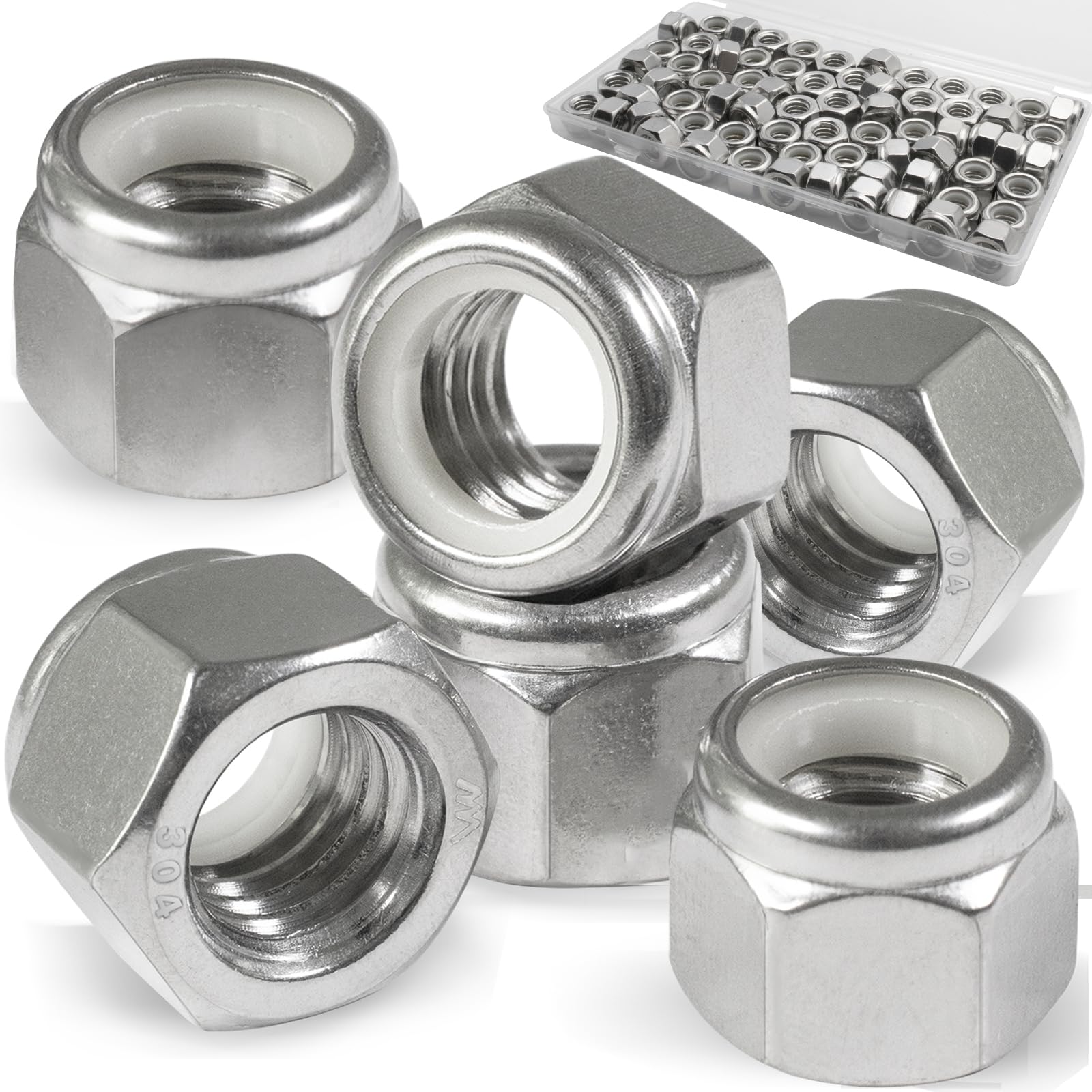 Linder Group Inc Nylon insert lock nuts stainless steel 304 inch thread 516 18 size anti loosening vibration resistant hardware 70 pack with clear storage case