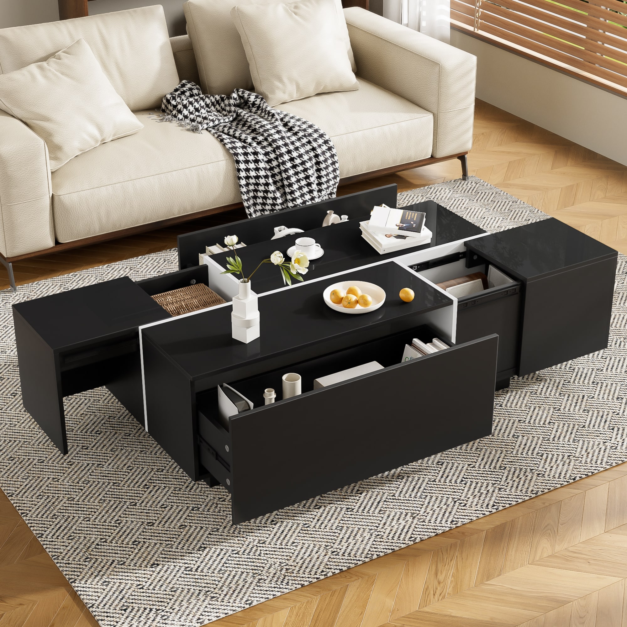 LOVMOR SF-Y-N724P292070B U Can 47.2'' 72.7'' Extendable Coffee Table Multi Functional Coffee Table with High Gloss Finish Coffee Table with 2 Hidden Storage Space and 2 Drawers for Living Room