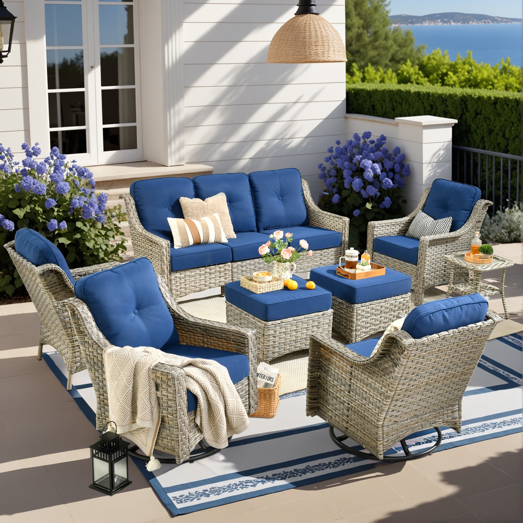 Pouuin SYZPAD708 8 -Piece Wicker Patio Sofa Conversation Set with Navy Cushions