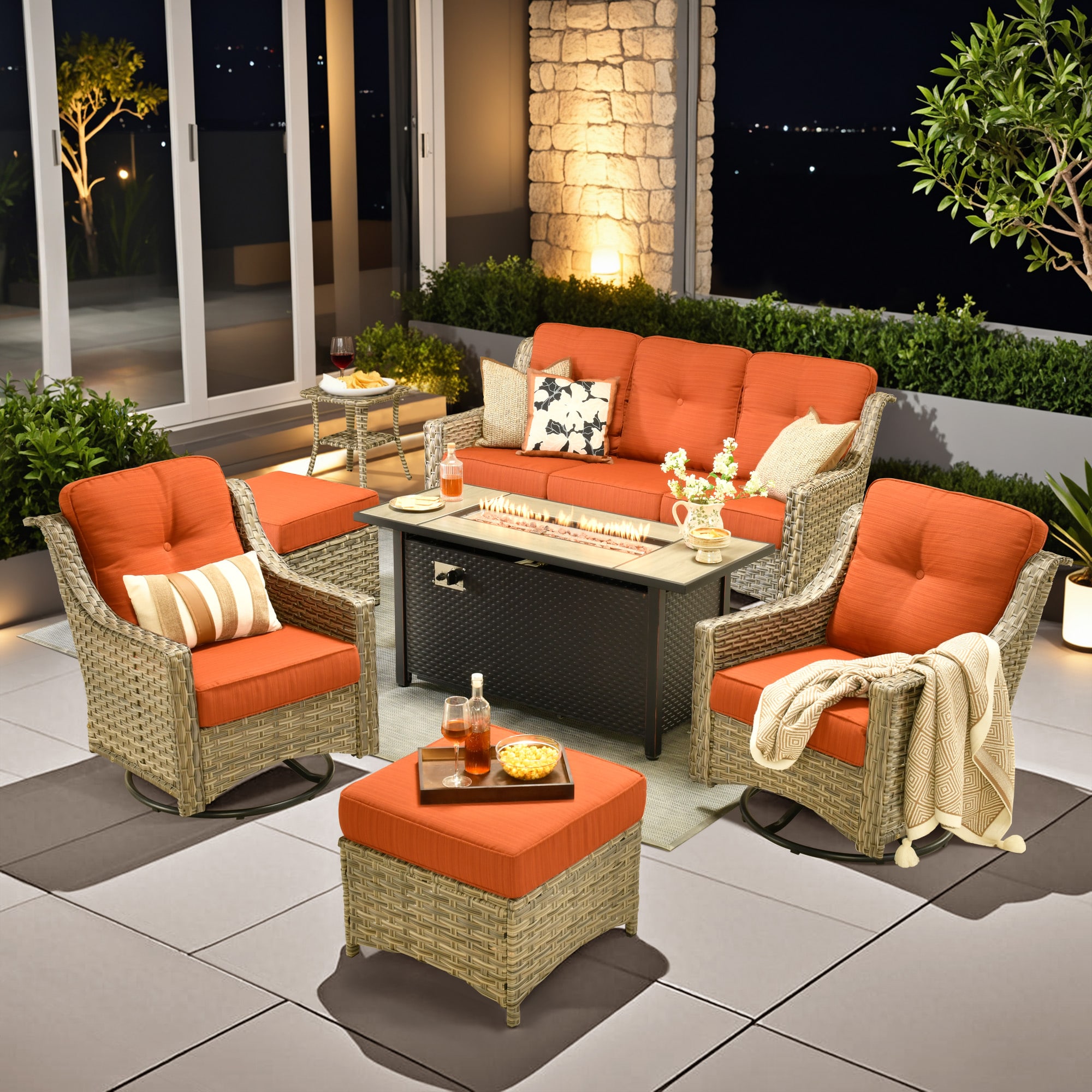 weaxty HMBCFP8503PADYZ71S8 Aireno 7 -Piece Wicker Patio Sofa Conversation Set with Red Cushions