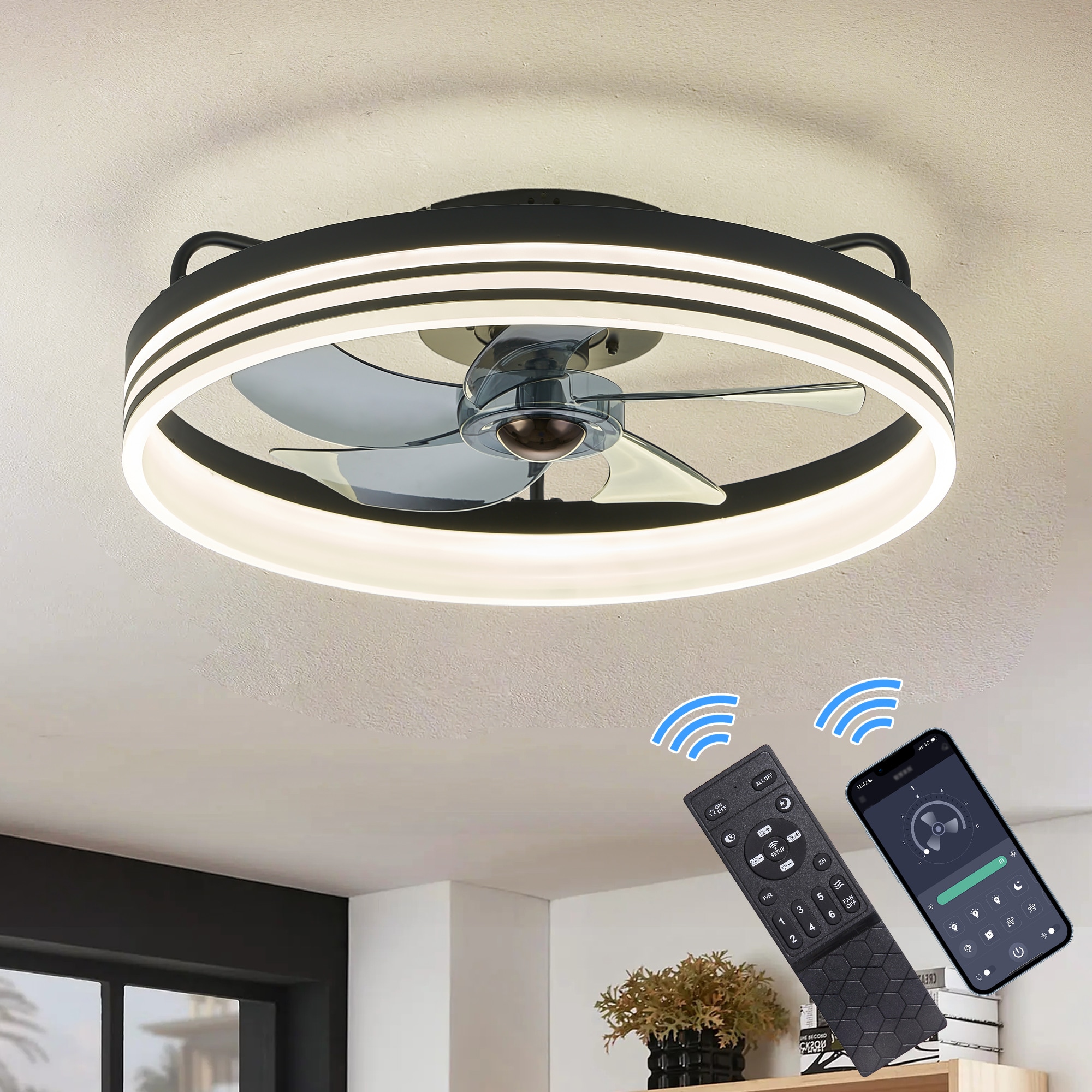 SILJOY CFL-1105 20 inch Black Modern Flush Mount Ceiling Fan with Lights and Remote Control Included (5blades)