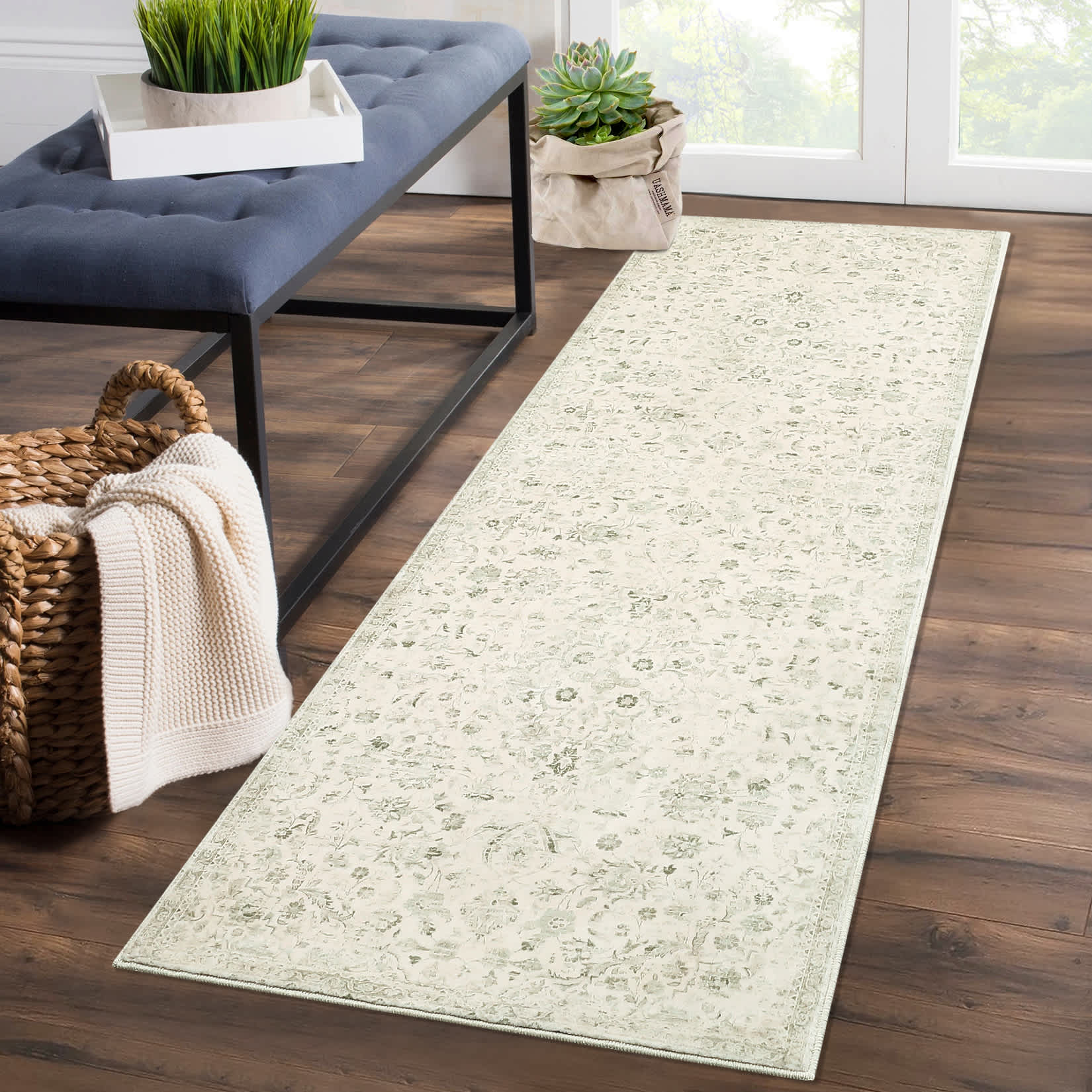Qeetex MIERUG-PHO-0ZKXE8JM 2 x 6 ft Polyester Green Rectangular Laundry Bathroom Kitchen Laundry Floral Print Soft Non Slip Vintage Machine Washable Runner Rug