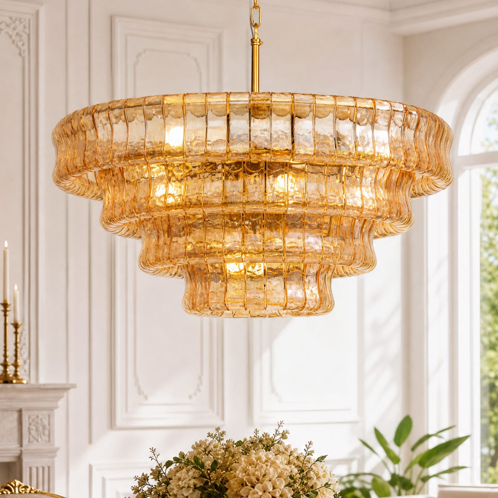 SILJOY 32-In Modern Glam Round Glass Chandelier Polished Brass 12-Light Luxury Tiered Pendant Light Adjustable Height for Dining Room Living Room Foyer Sansujyuku sansujyuku.com