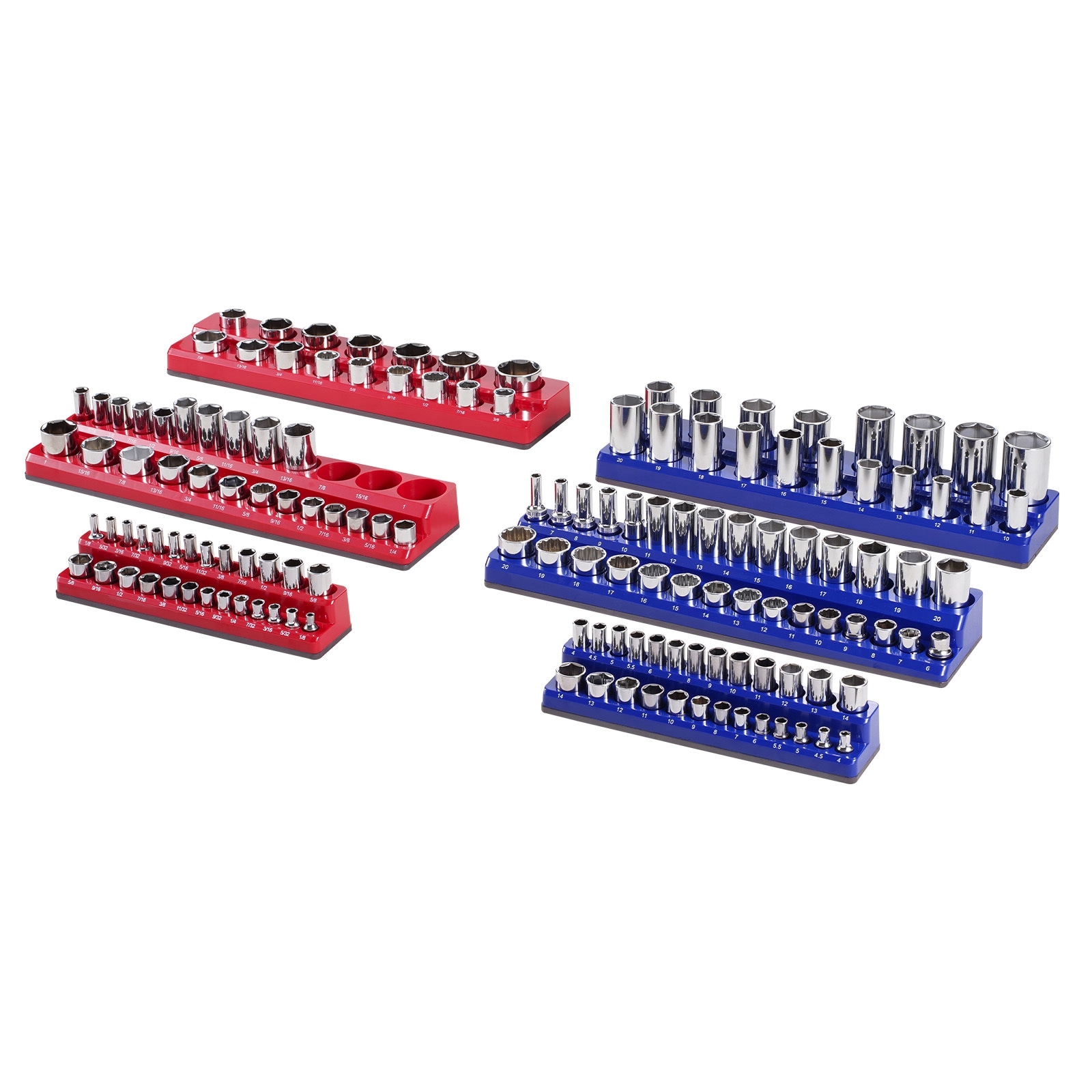 VEVOR Magnetic Socket Organizer Set 6PCS Socket Holder 1/4in 3/8in and 1/2in Metric SAE Socket Trays with Clear Labels Hold up to 143PCS Standard and Deep Sockets Blue and Red (Sockets Not Included)