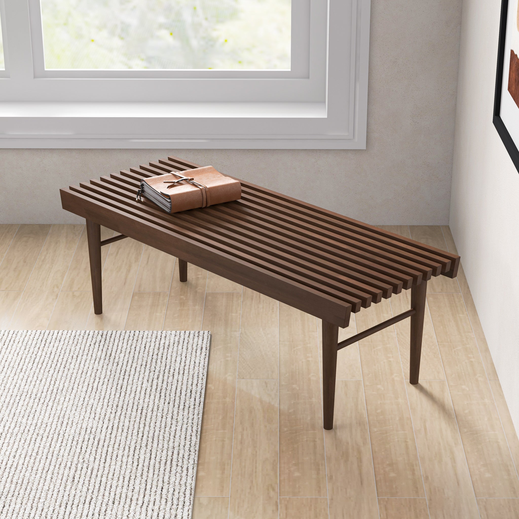 GDFStudio 349615 Mia Mid-Century Modern 47.2-inch Wide Wood Bench with Natural Walnut Stain Finish-Dark Brown