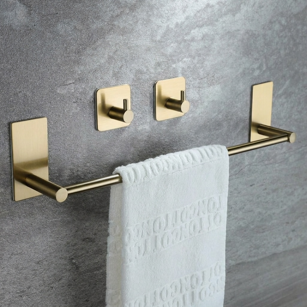 Phyfalip  Brushed Brass Towel Bar Set Self Adhesive Stainless Steel 16 Inch Towel Rack with 2 pcs Towel Hooks Bathroom Accessories for Wall Mount