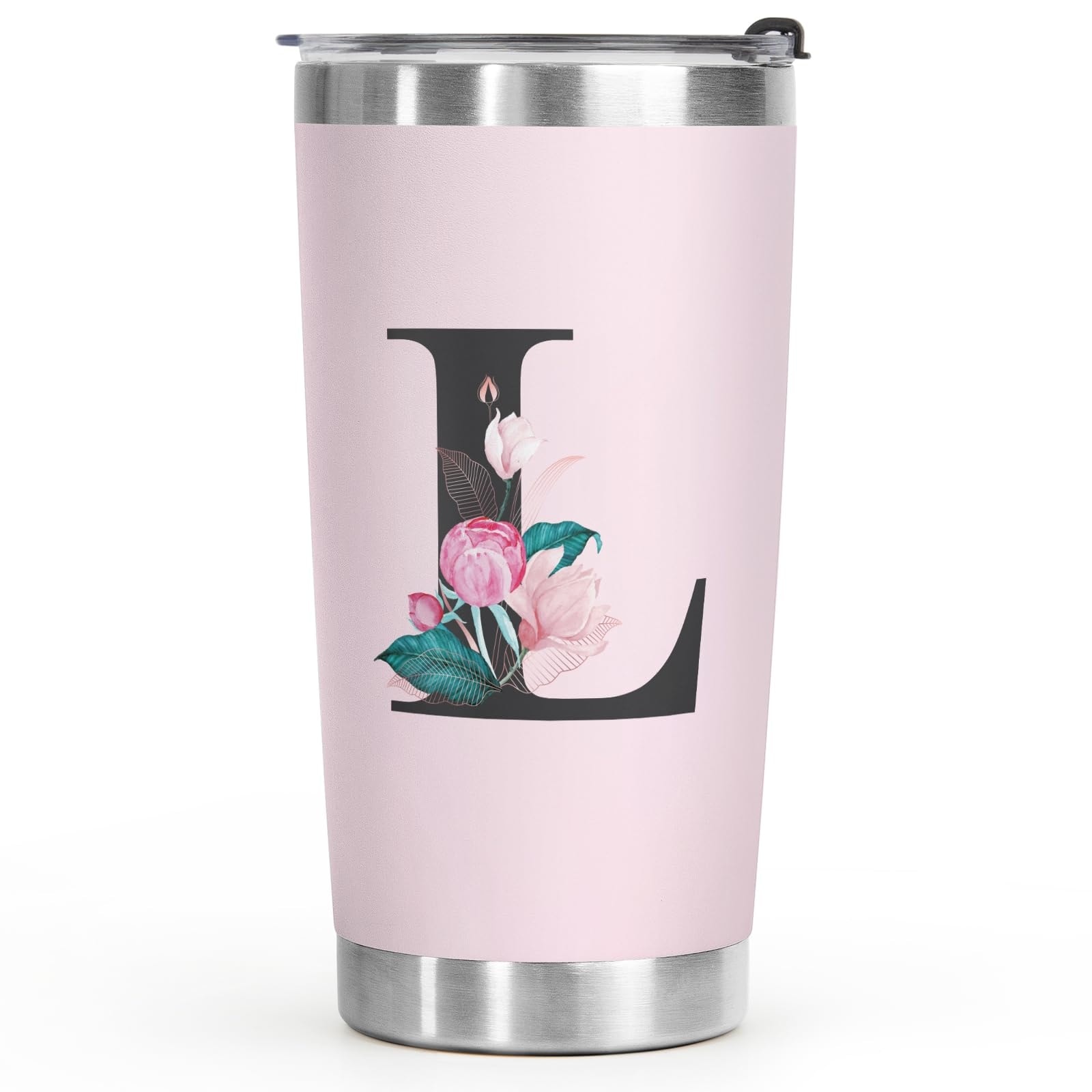 Aoibox  20 oz Monogrammed Floral Initial Insulated Stainless Steel Pink Tumbler with Lid Gift for Her