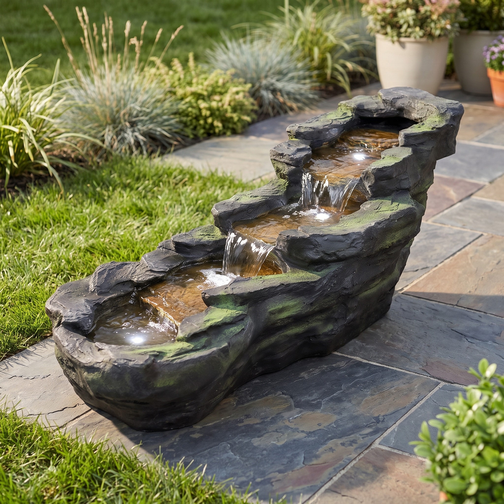 Watnature  Large Natural Moss Rock Resin Water Fountain 4-Tier Cascading Stream Waterfall with Built-in LED Lights Self Circulating Outdoor Water Feature for Garden Patio Backyard Landscape Decor