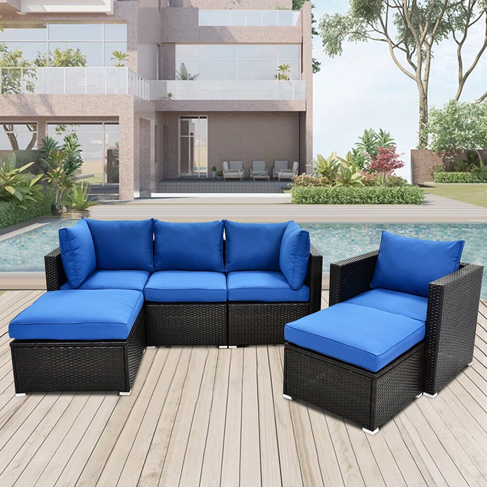 Topcraft PJTC012 Patio Conversation Sets 6 -Piece Rattan Patio Conversation Set with Blue Cushions