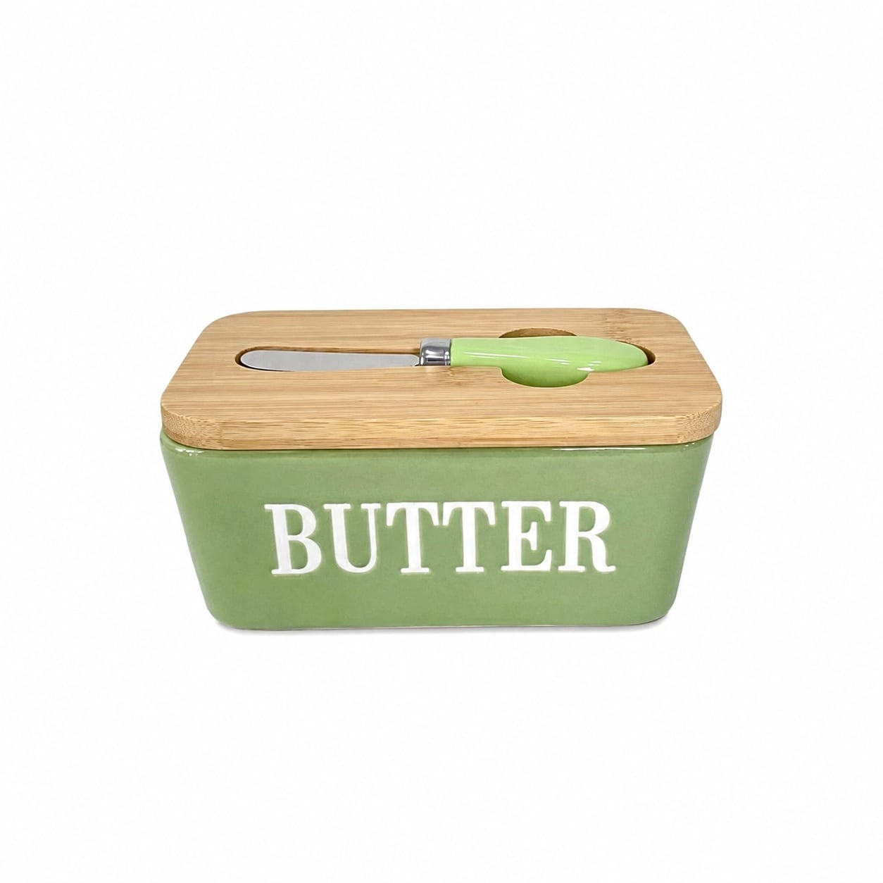 Aoibox  Large Green Ceramic Butter Dish with Bamboo Lid Stainless Steel Knife and Double Silicone Seals