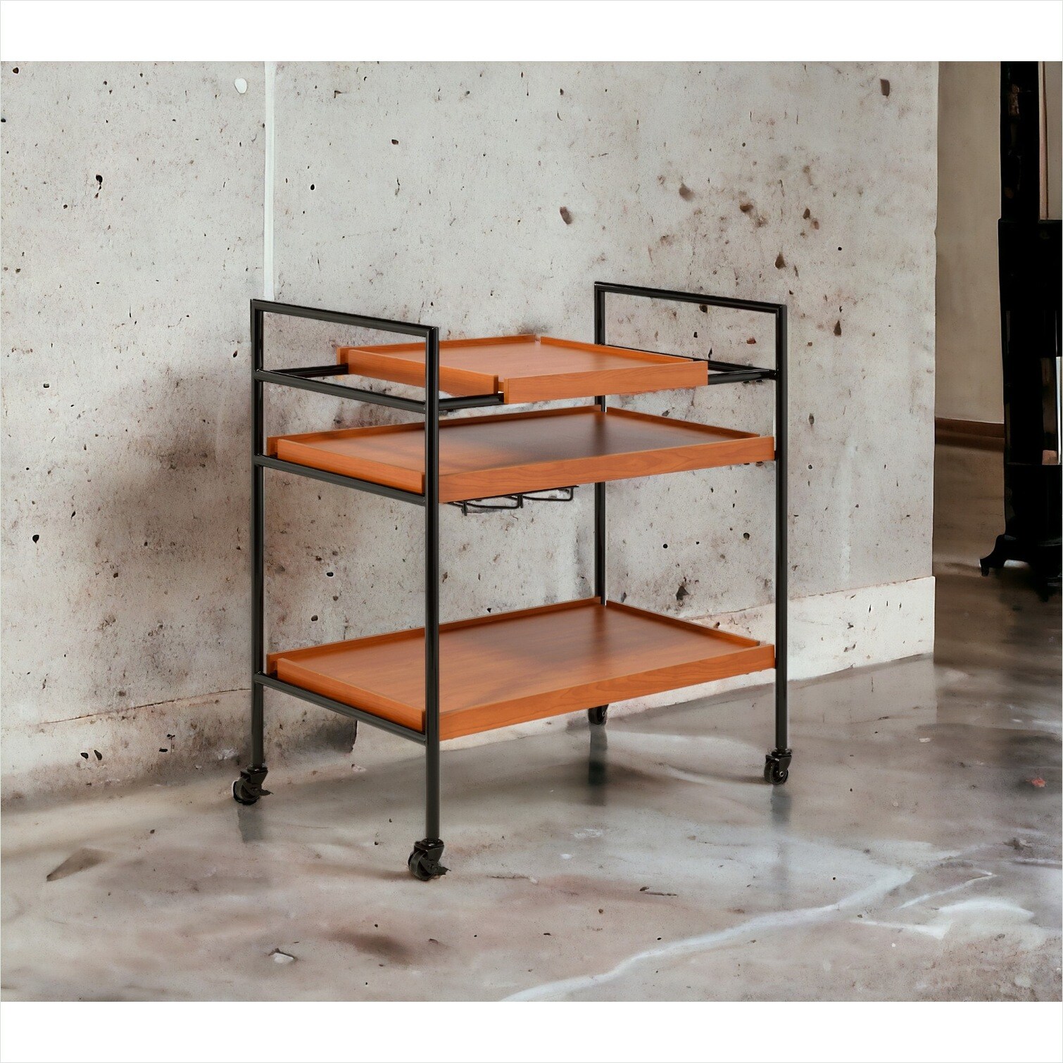 FlowLuxe Serving Cart with Oak Trays and Matte Black Metal Frame 3 ...