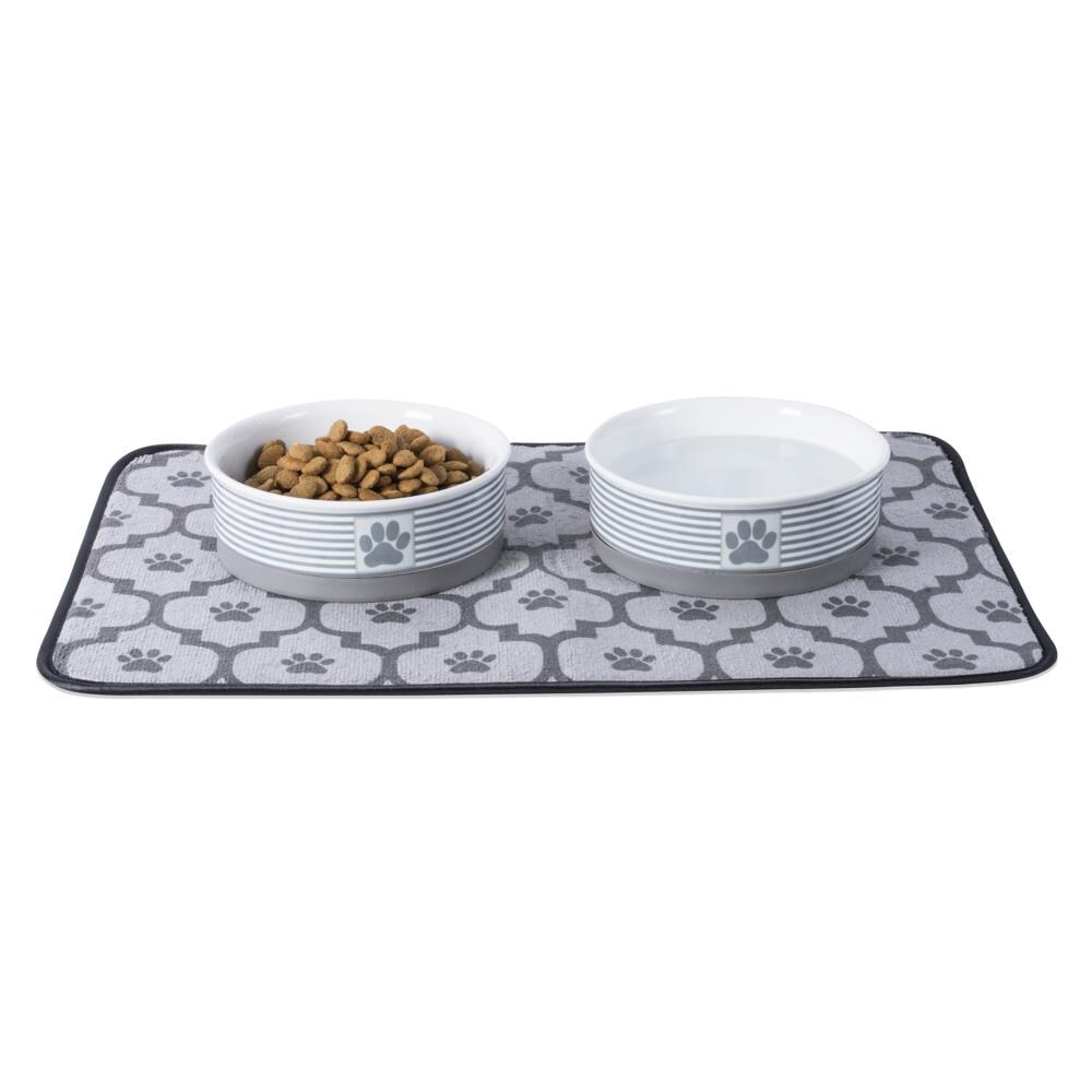 Gray Striped Ceramic Pet Bowl with Paw Print, Medium