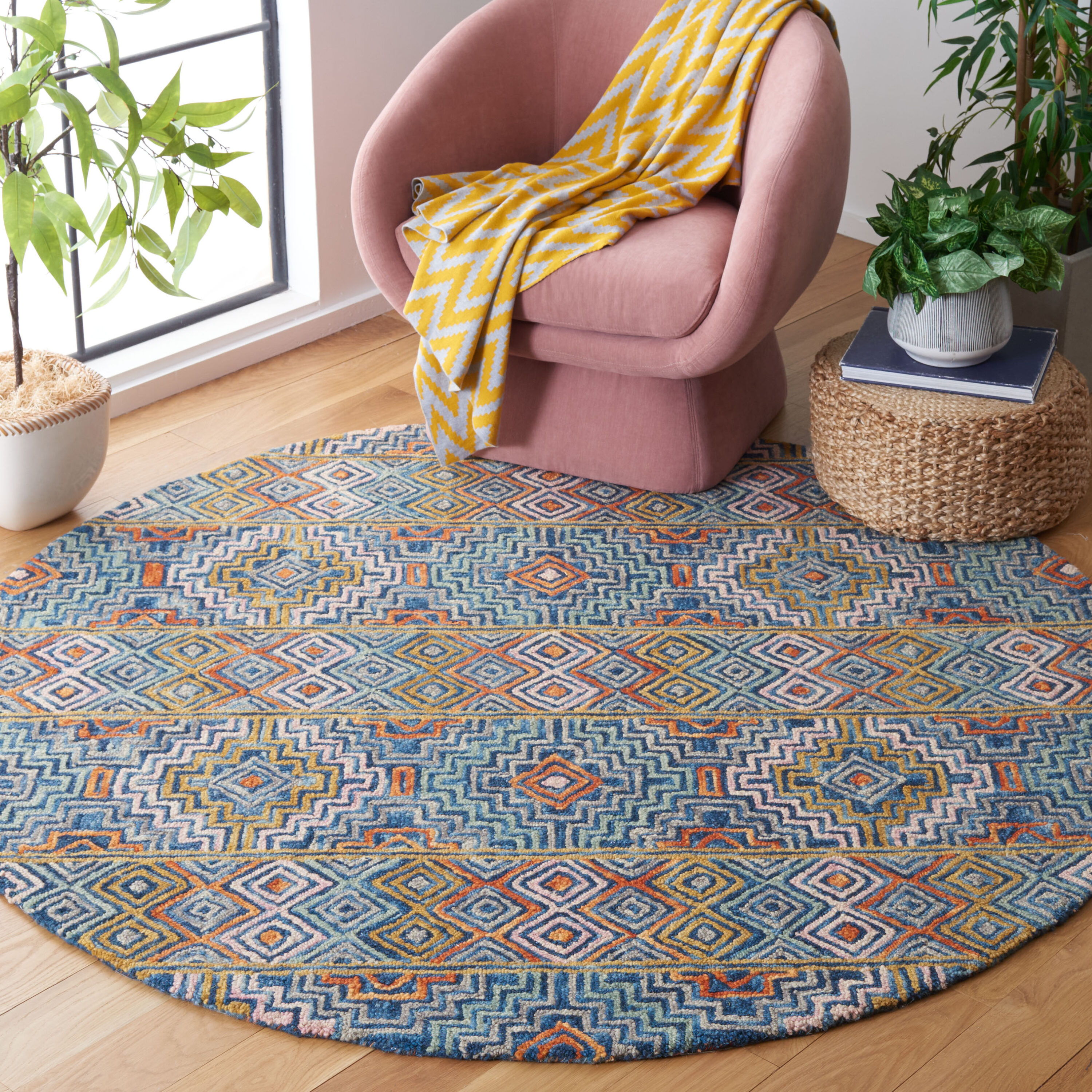  Aspen 273 Blue/Gold Bohemian 6ft x 6ft Round Rug
