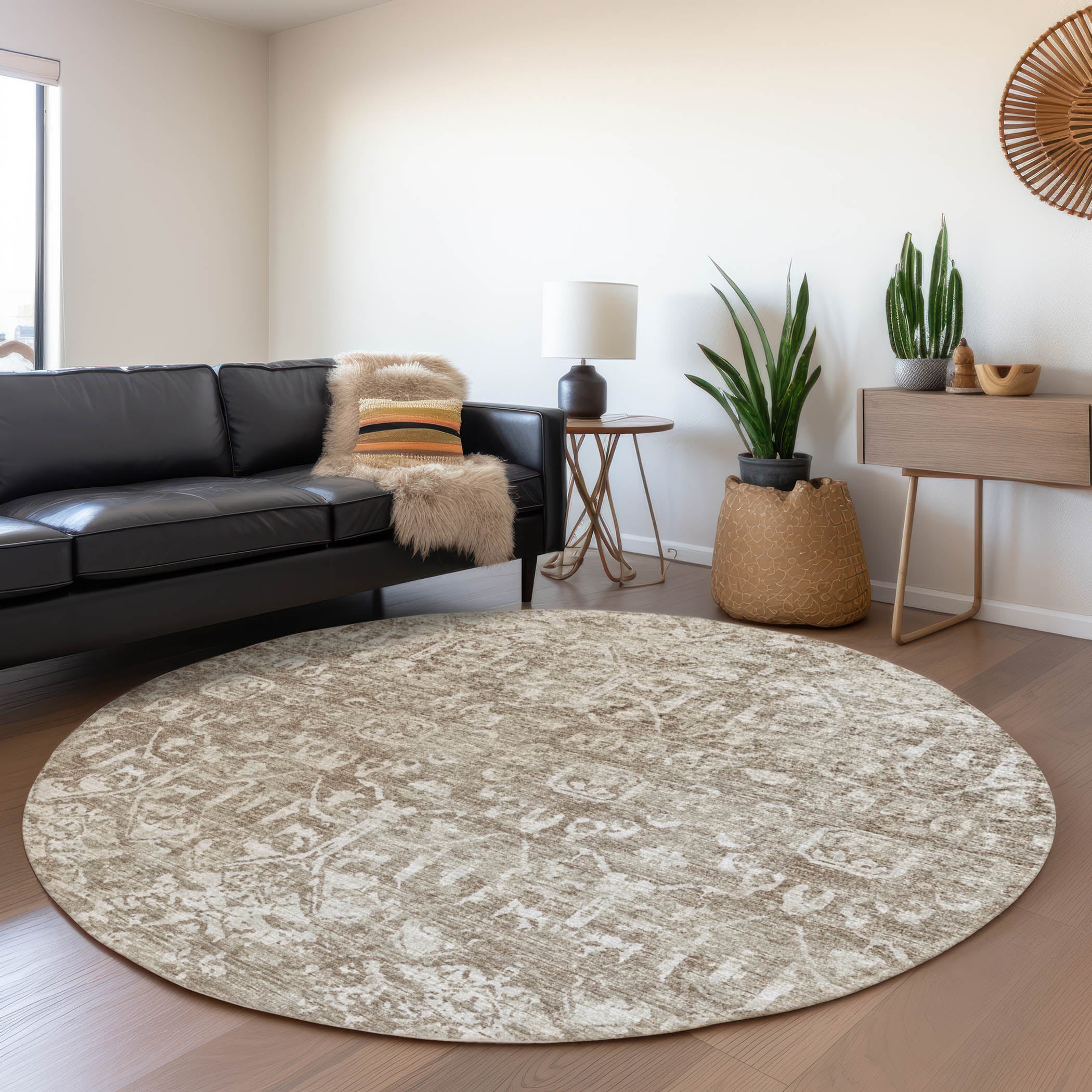 Addison Rugs AMF40TA8RO Mayfield AMF40TA 8 x 8 (ft) Loomed Polyester Taupe Round Indoor Abstract Machine washable Area rug