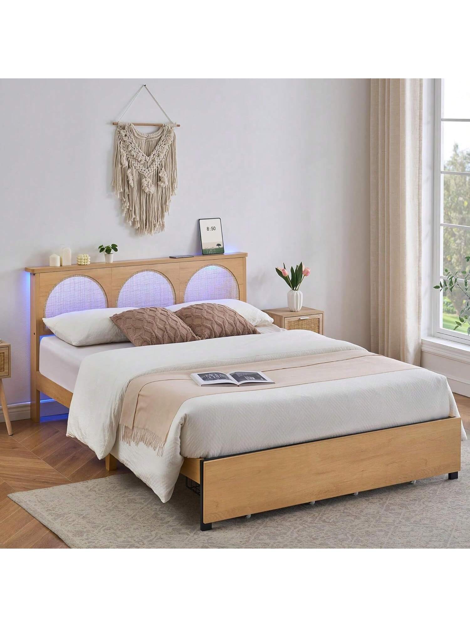 Qeetex PHO-13X4GG1G-HF4 Queen Size Bed Frame With Natural Rattan Headboard. With Natural Rattan Headboard And 2 Storage Drawers. With LED And Metal Platform .Boho Cane Platform Bed Frame King Size