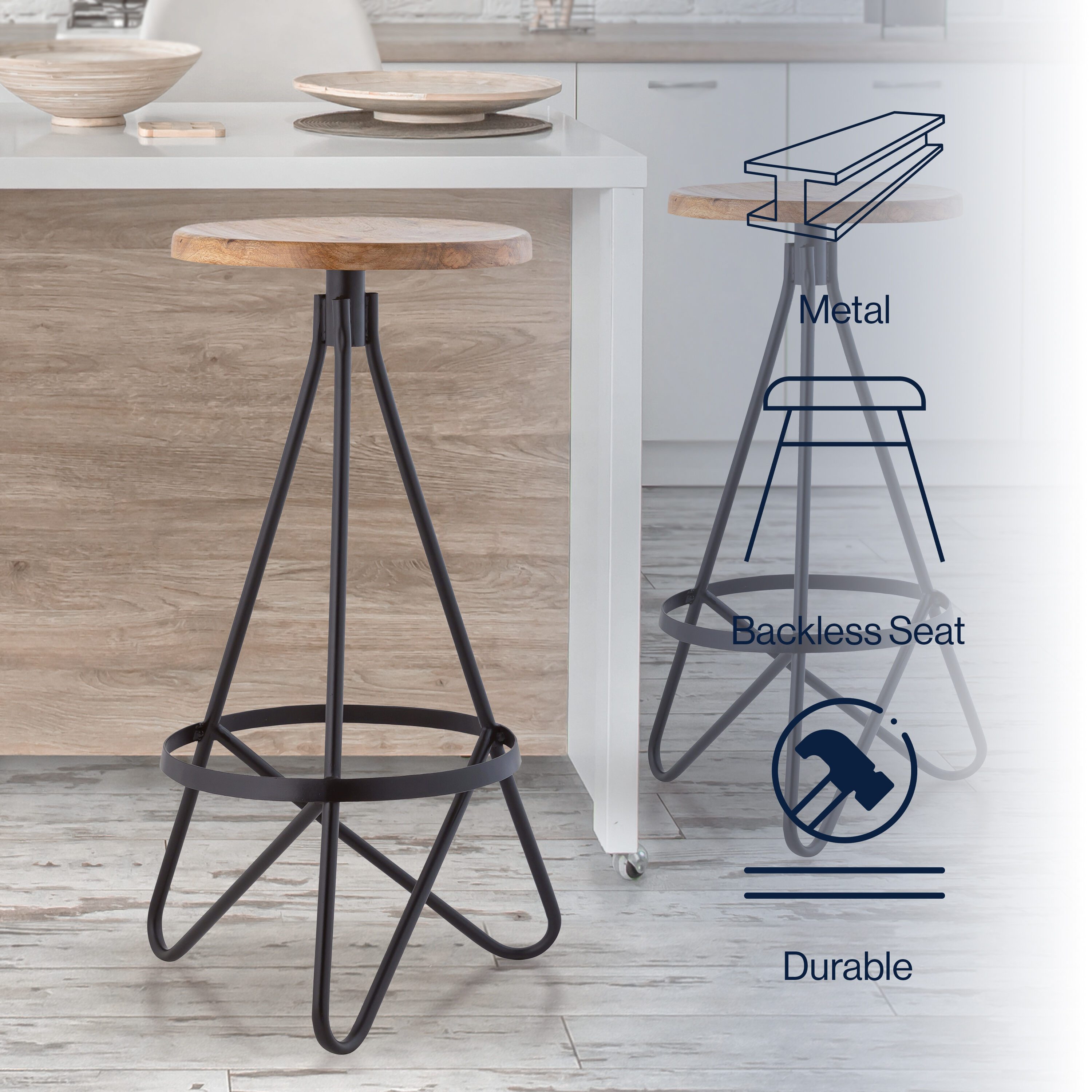 Natural Wood and Black Metal Backless Bar Stool