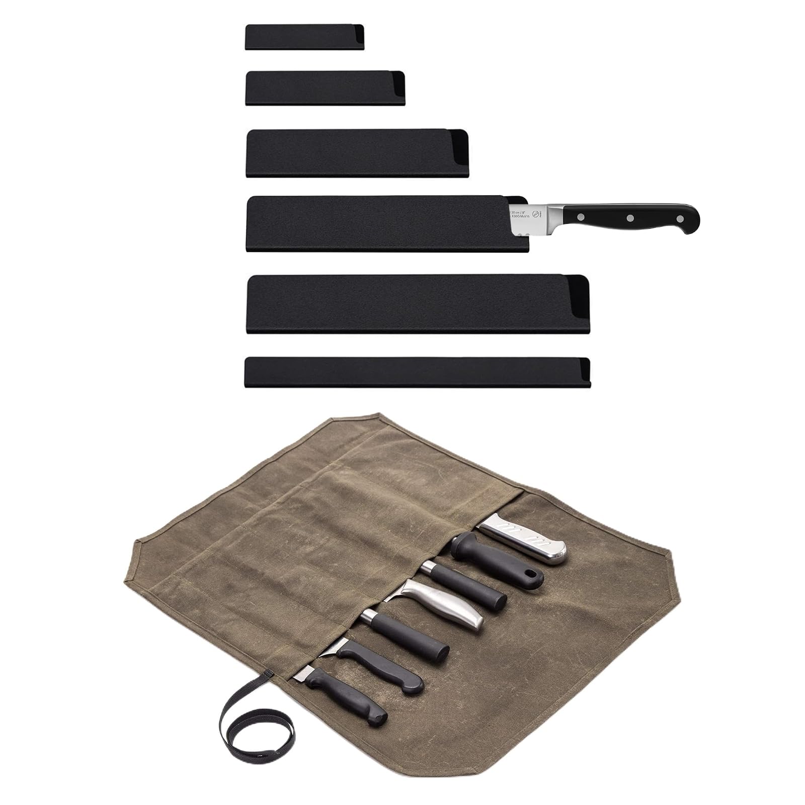 JVFCXXV  Chef Knife Roll Bag with Seven Slots and Six Piece Knife Edge Guard Set Portable Kitchen Knife Storage Case for Travel and Home Use