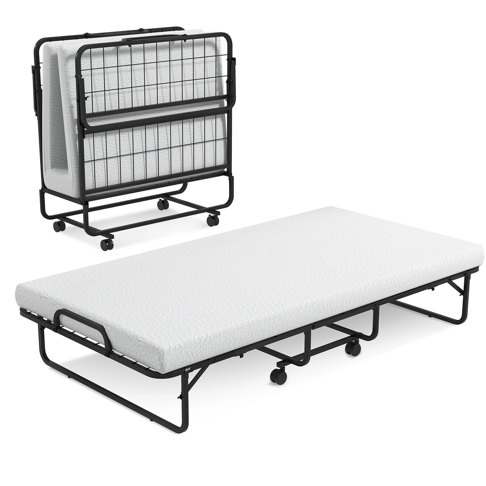 Volenca Twin Folding Metal Bed with 4-in Memory Foam Mattress Lockable Wheels and Fold-Flat Frame 400-lb