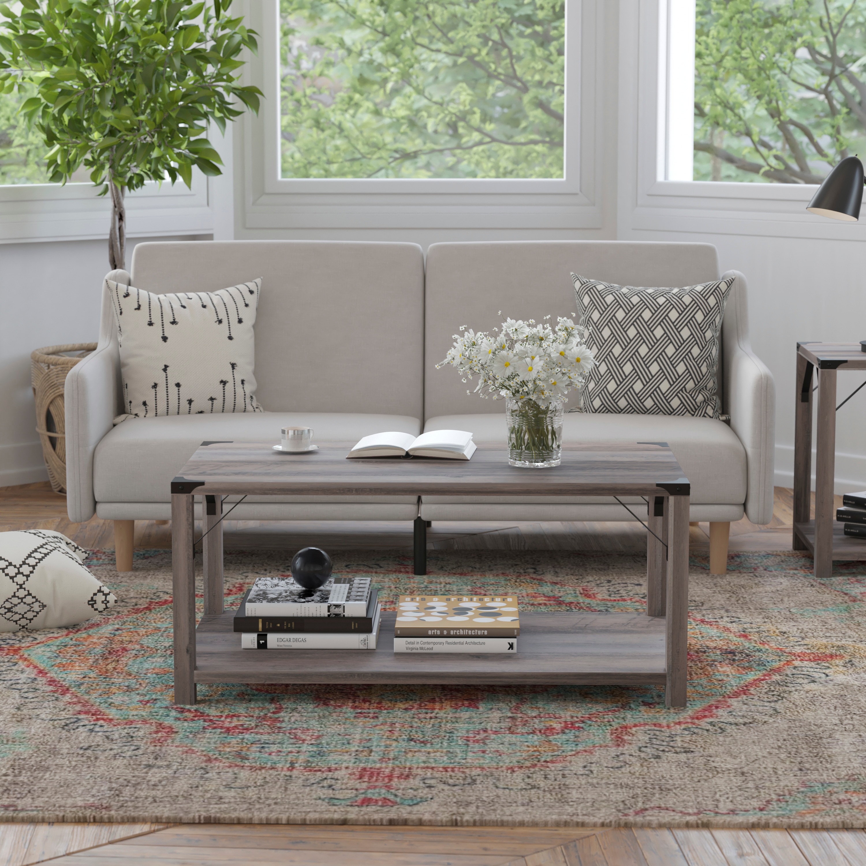 Flash Furniture Wyatt Modern Farmhouse Wooden 2 Tier Coffee Table with Black Metal Corner Accents and Cross Bracing; Gray Wash