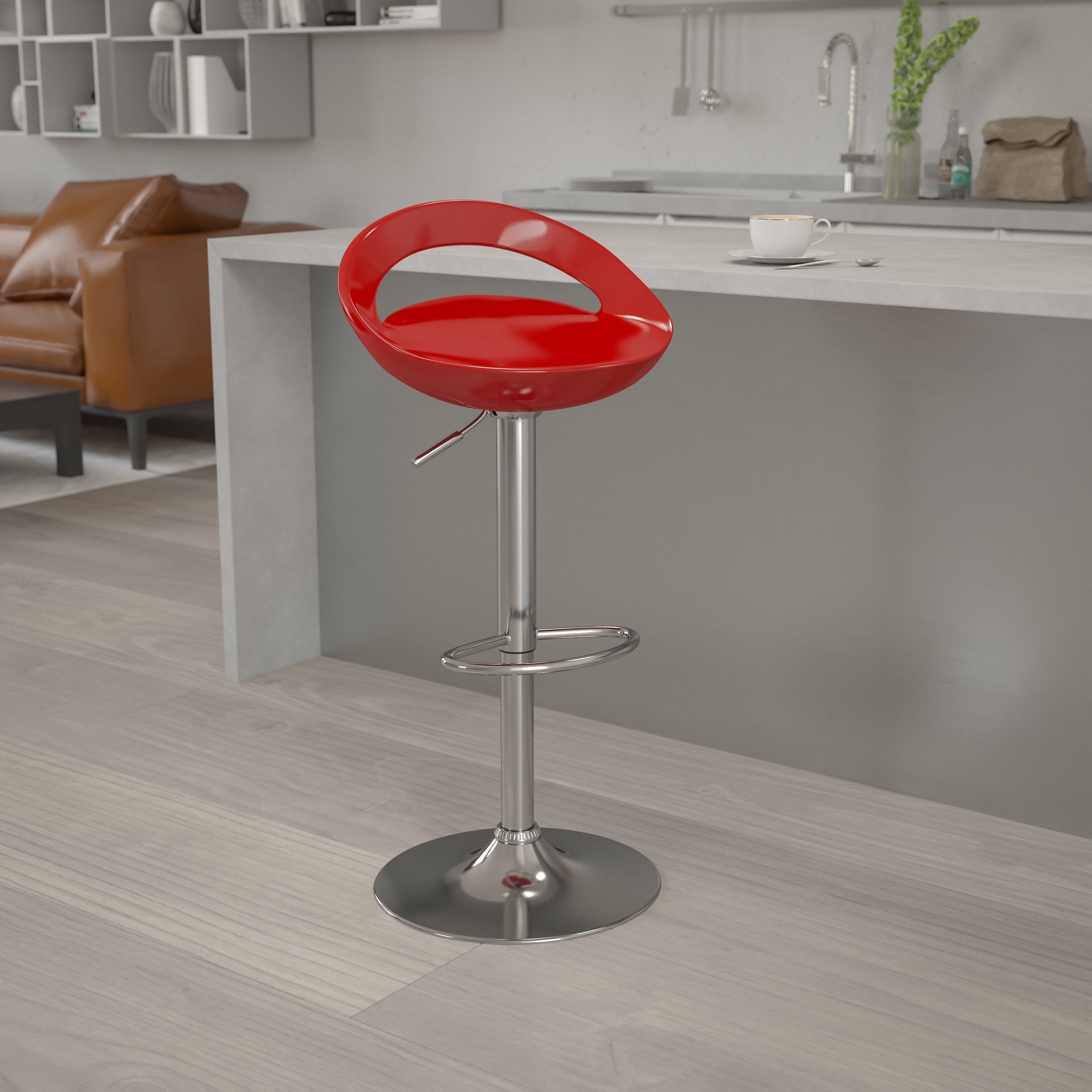 Modern Red Adjustable Swivel Barstool with Chrome Base