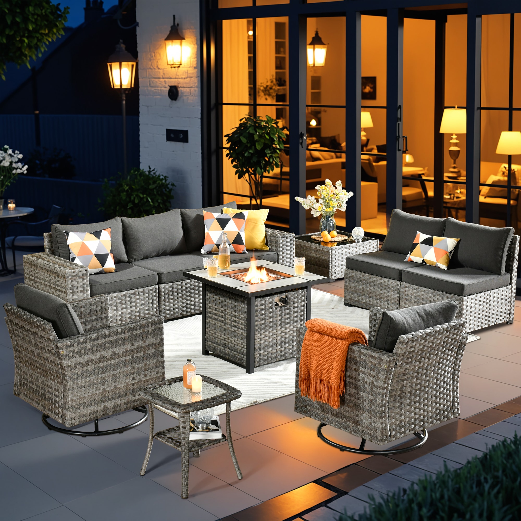 Pouuin SFPYZBBR1-10 10 -Piece Rattan Patio Sofa Conversation Set with Black Cushions