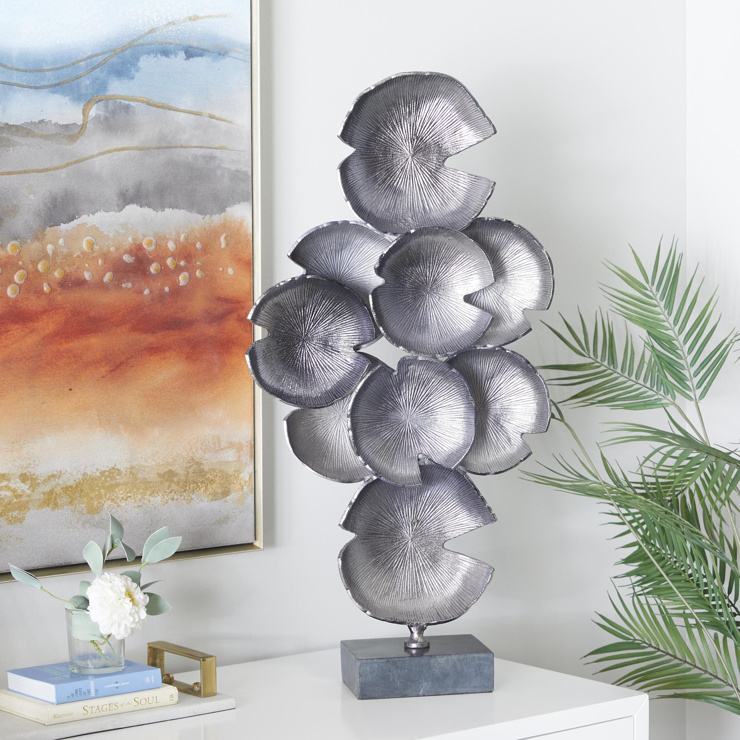 Gray Aluminum Layered Disk Abstract Sculpture with Black Base