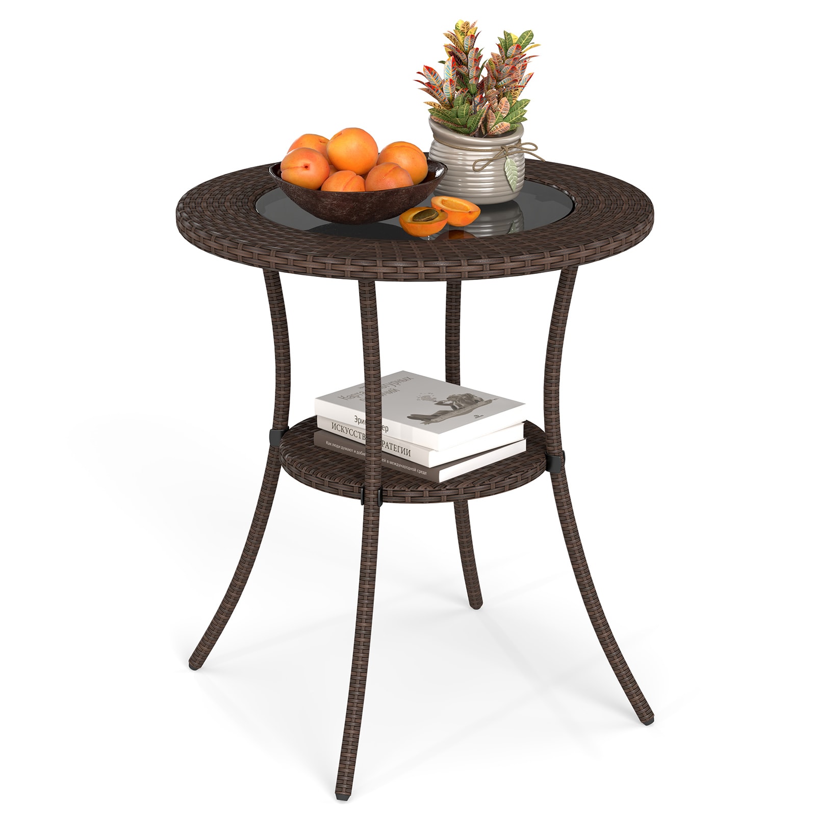 Slickblue Mixed Brown Rattan Bistro Round Outdoor Table with Tempered Glass Top (25.5W x 28L Inch) for Patio Porch or Balcony