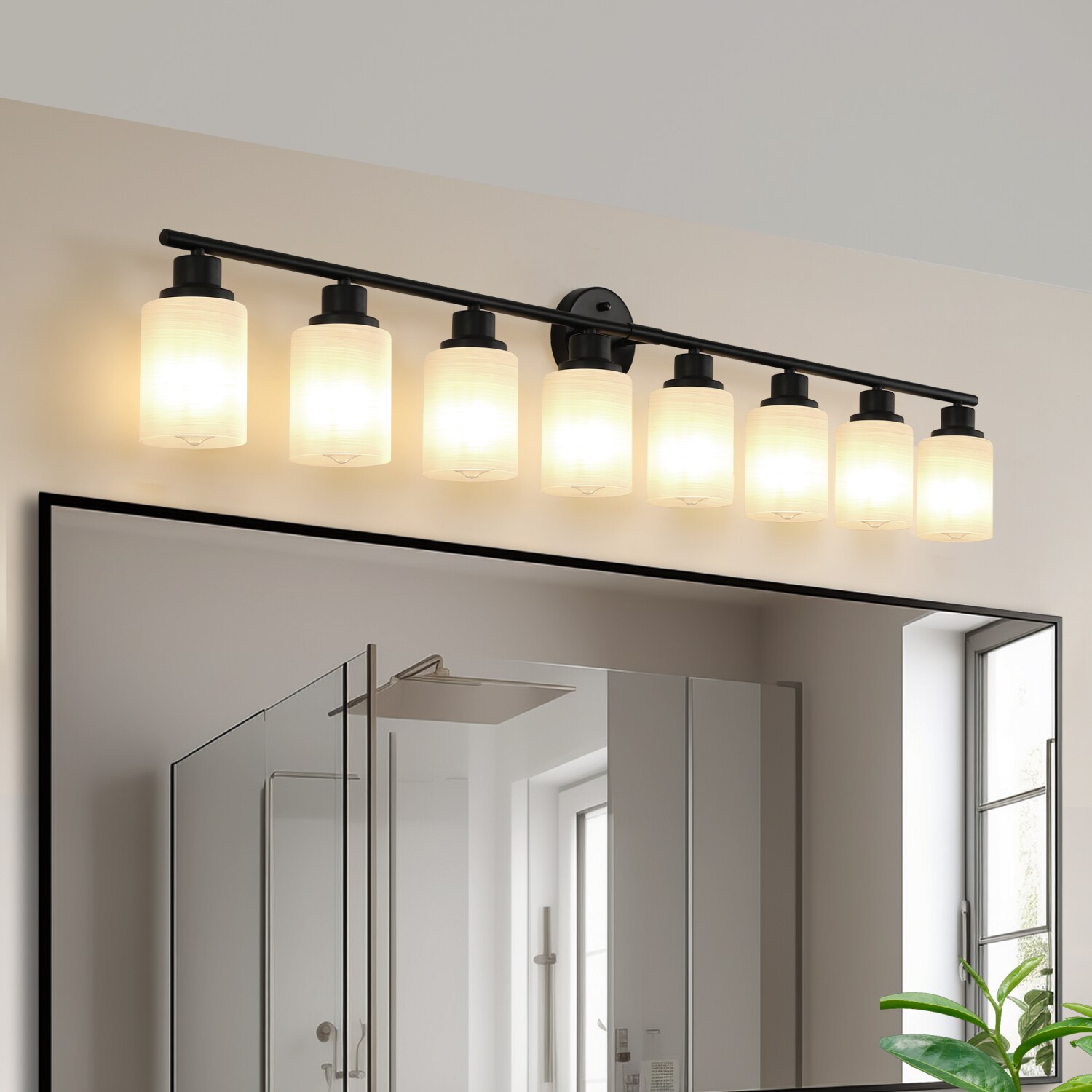 Streamdale Furniture Streamdale 8-Light Vanity Mirror Light Frosted Glass Black Iron Frame Bulb Not Incl.