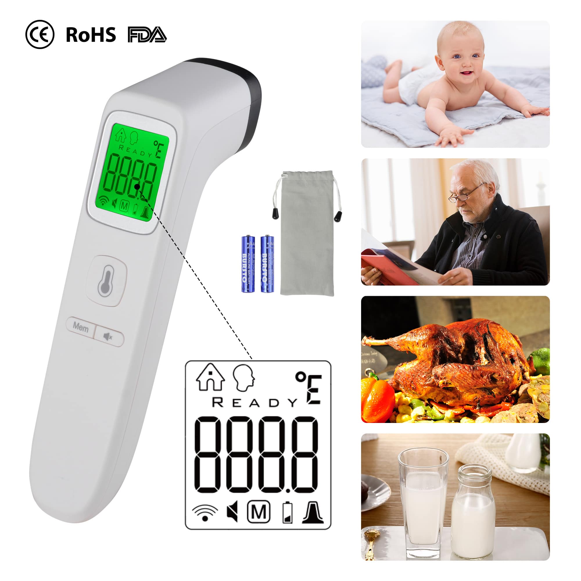 Yescom Digital Infrared Thermometer No Contact Measuring Object Body Memory Function #38TMT001-IR202-LO