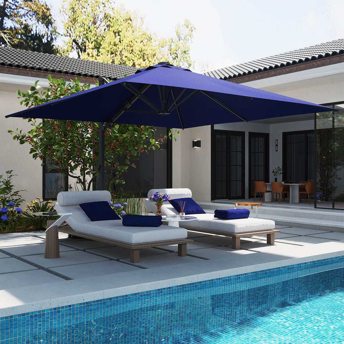 Mondawe MO-BTMY01NY-B 10-ft Aluminum Blue Cantilever Patio Umbrella with Lights with Base