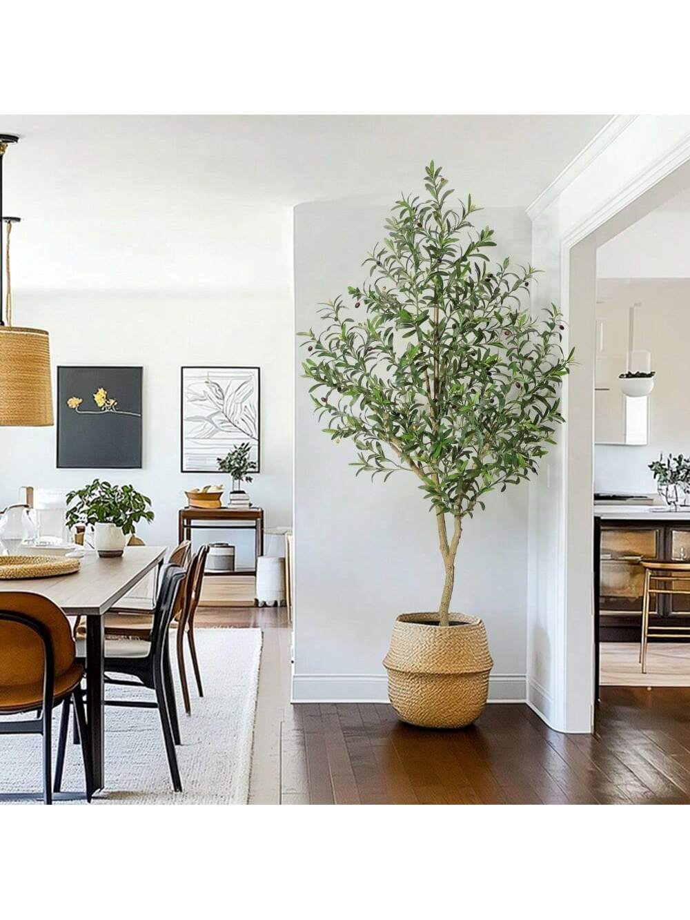 Qeetex PHK-33CGFXW9-HF4 7FT(1PCS) Artificial Olive Tree. UV Resistant Fake Realistic Olive Tree in White Pot with Olives. Moss Decors. Tall Evergreen Faux Plants for Front Door Living Room Garden