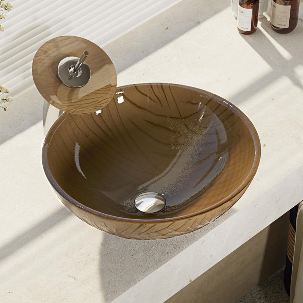 Rene R5-5025-WF-C Beach Sand Tempered Glass Vessel Round Modern Bathroom Sink with Faucet Drain Included (16.63-in x 16.63-in)