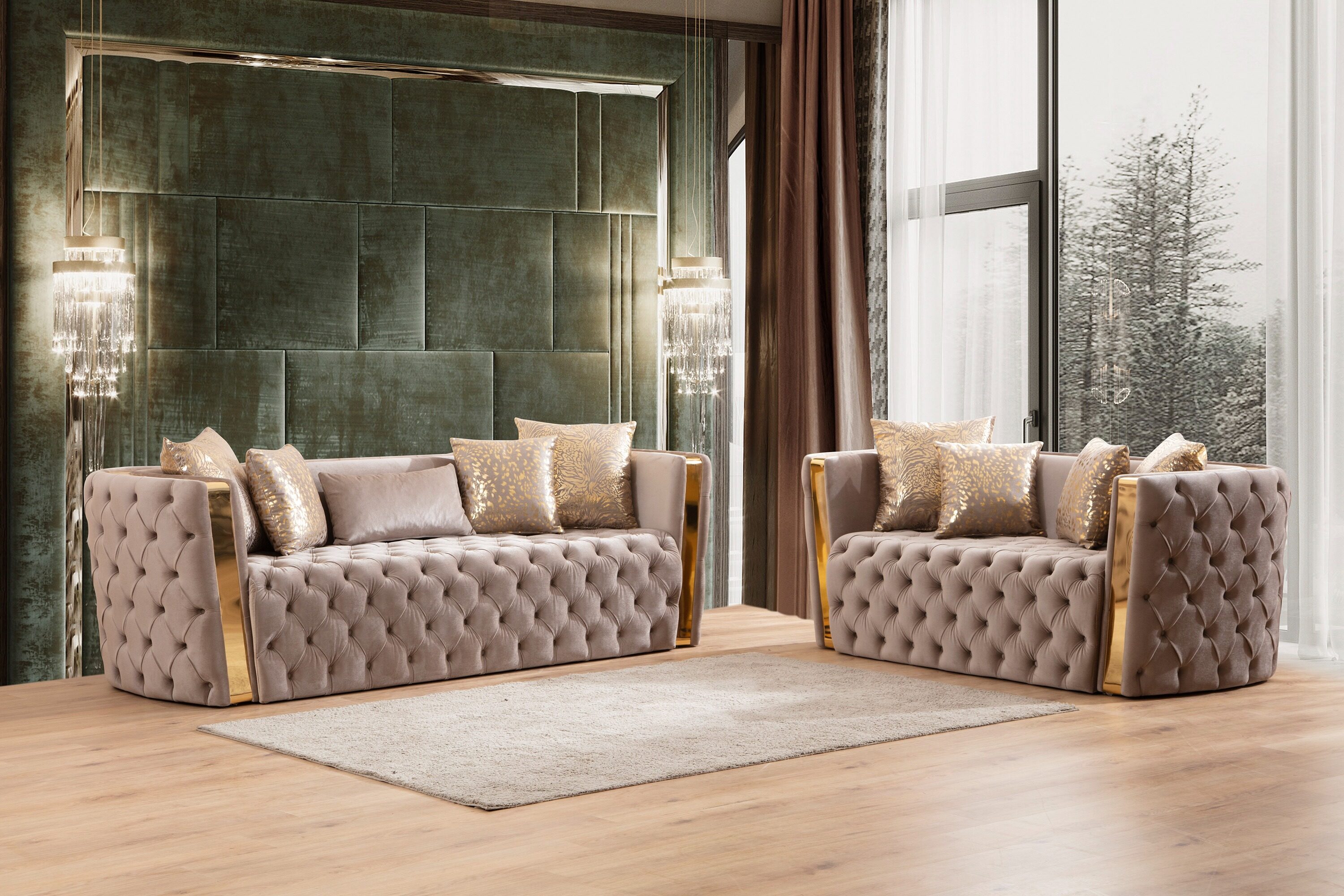 Black Velvet Tufted Loveseat with Gold Accents and Solid Wood Frame
