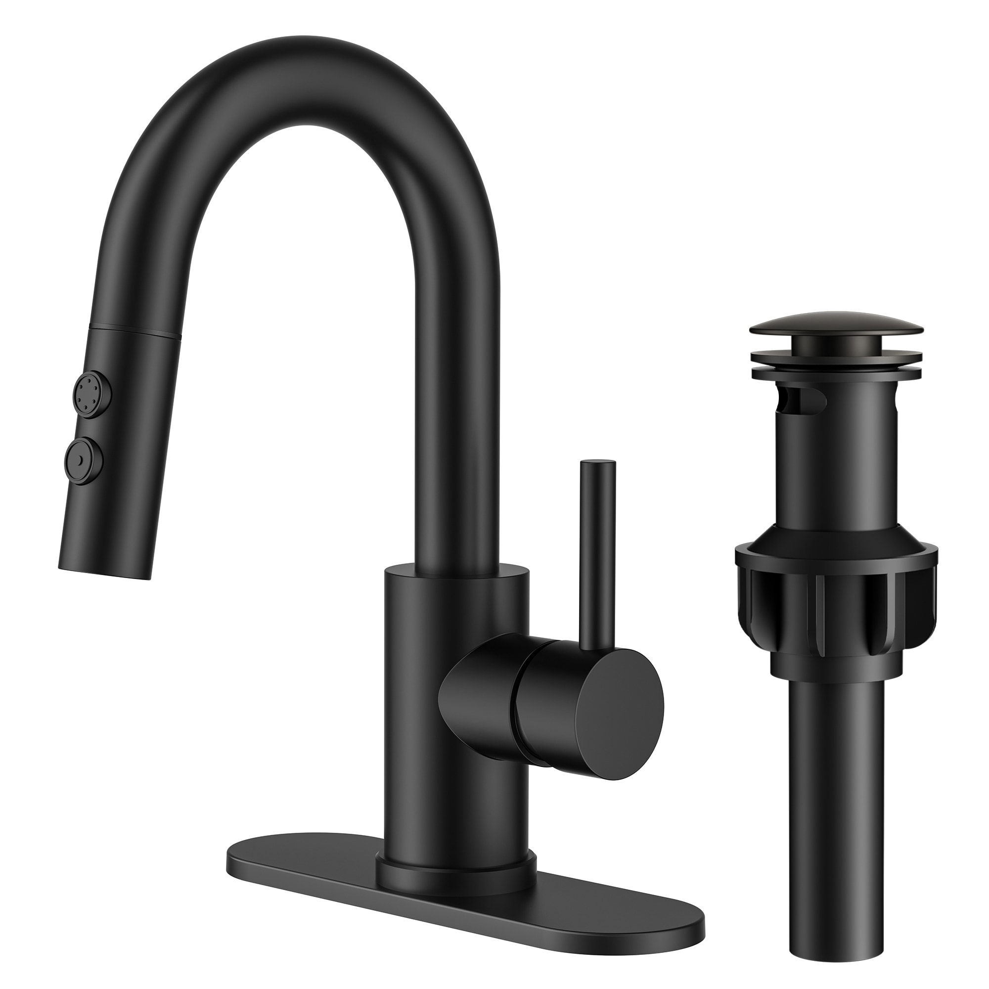 FORIOUS Bathroom Sink Faucets Black with Drain Single hole 1-handle Waterfall Commercial/Residential Handle Bathroom Sink Faucet with Drain with Deck Plate