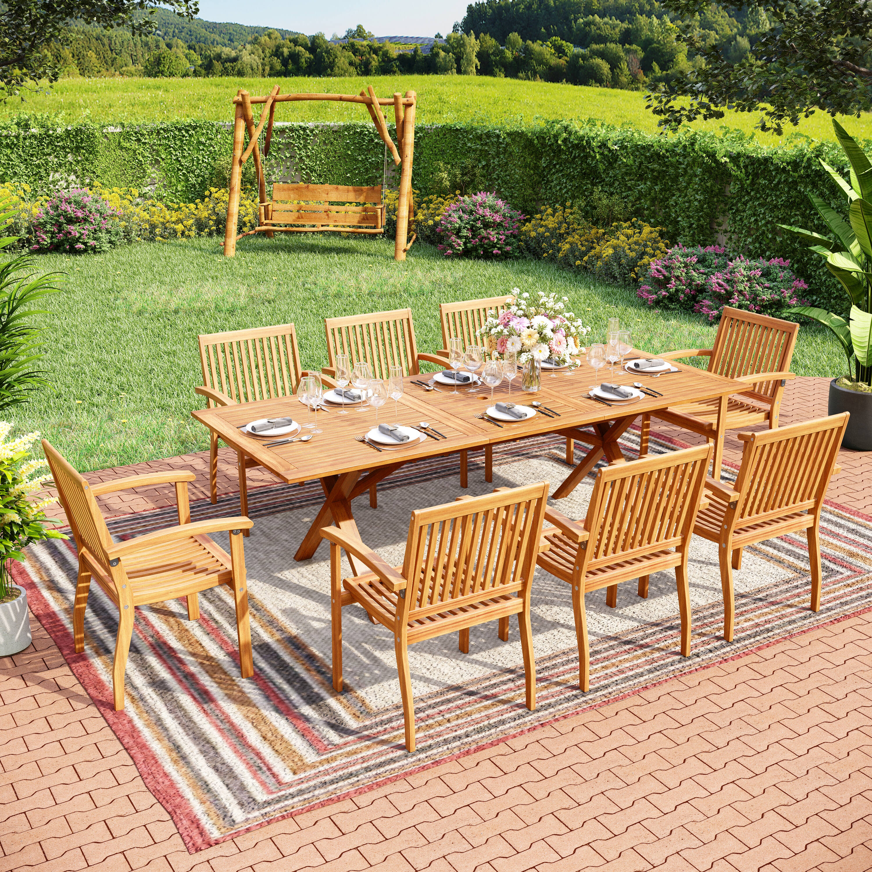 Sunshine Valley S9-220-219 Outdoor Table and Chairs 9 -Piece Wood Patio Dining Set Extendable Table Wood Rectangle Table with 8 Stationary Chairs