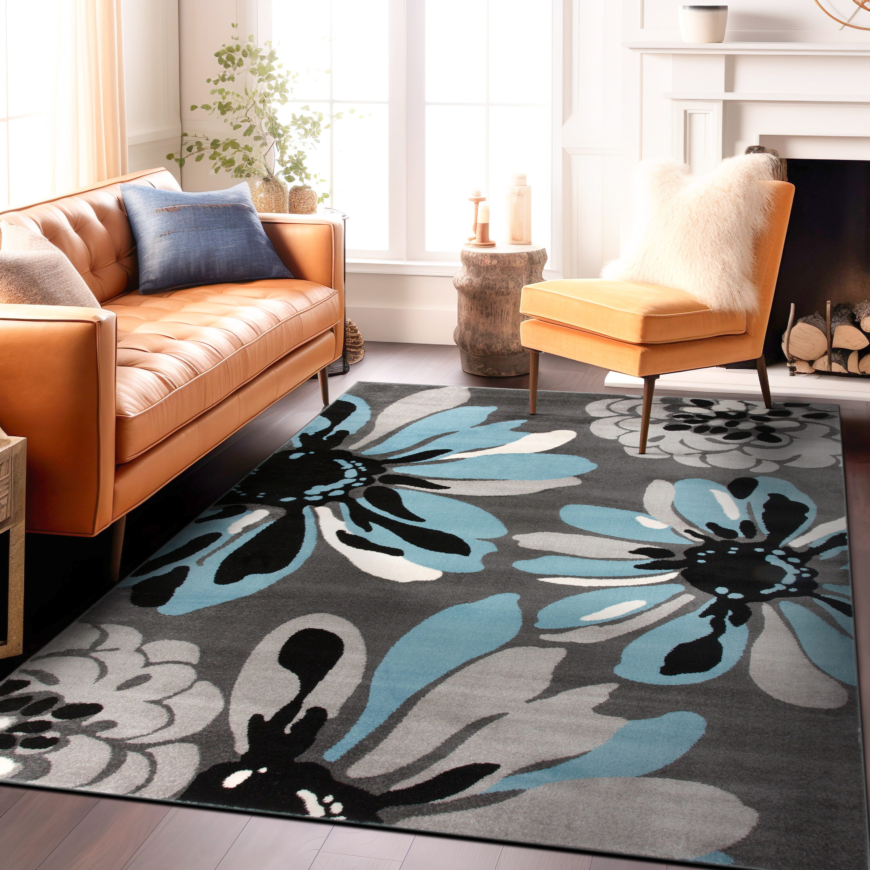 Blue and Gray Abstract Floral Synthetic Area Rug 8'8" x 12'