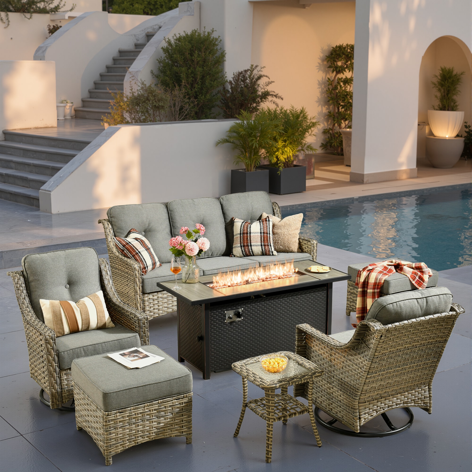 weaxty HMBCFP8503PADYZ71S2 Aireno 7 -Piece Wicker Patio Sofa Conversation Set with Gray Cushions