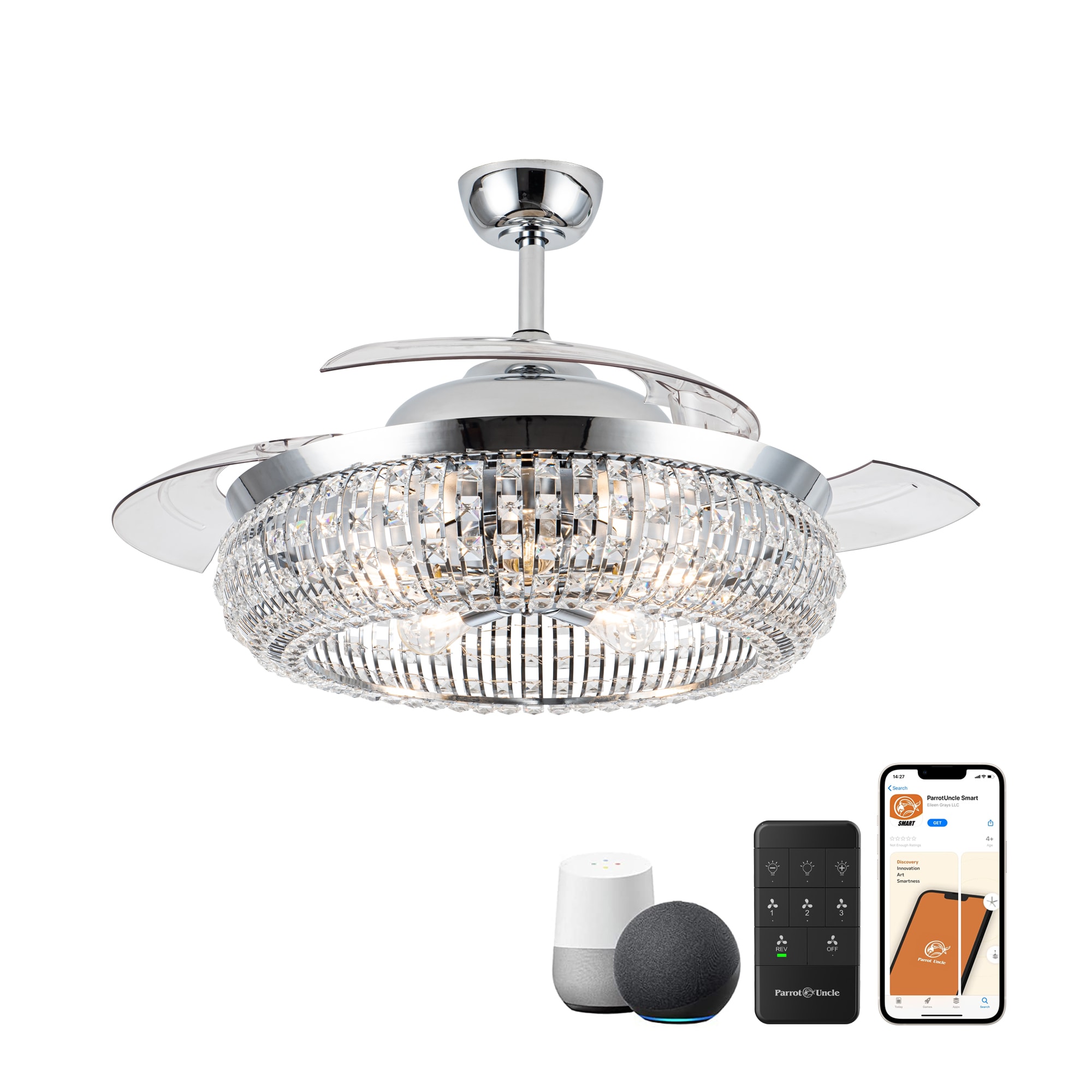 Parrot Uncle 52-in Chrome with Clear Blades Color-changing Indoor Smart Chandelier Ceiling Fan with Light and Remote (3-Blade) F4722-SMART Sansujyuku sansujyuku.com