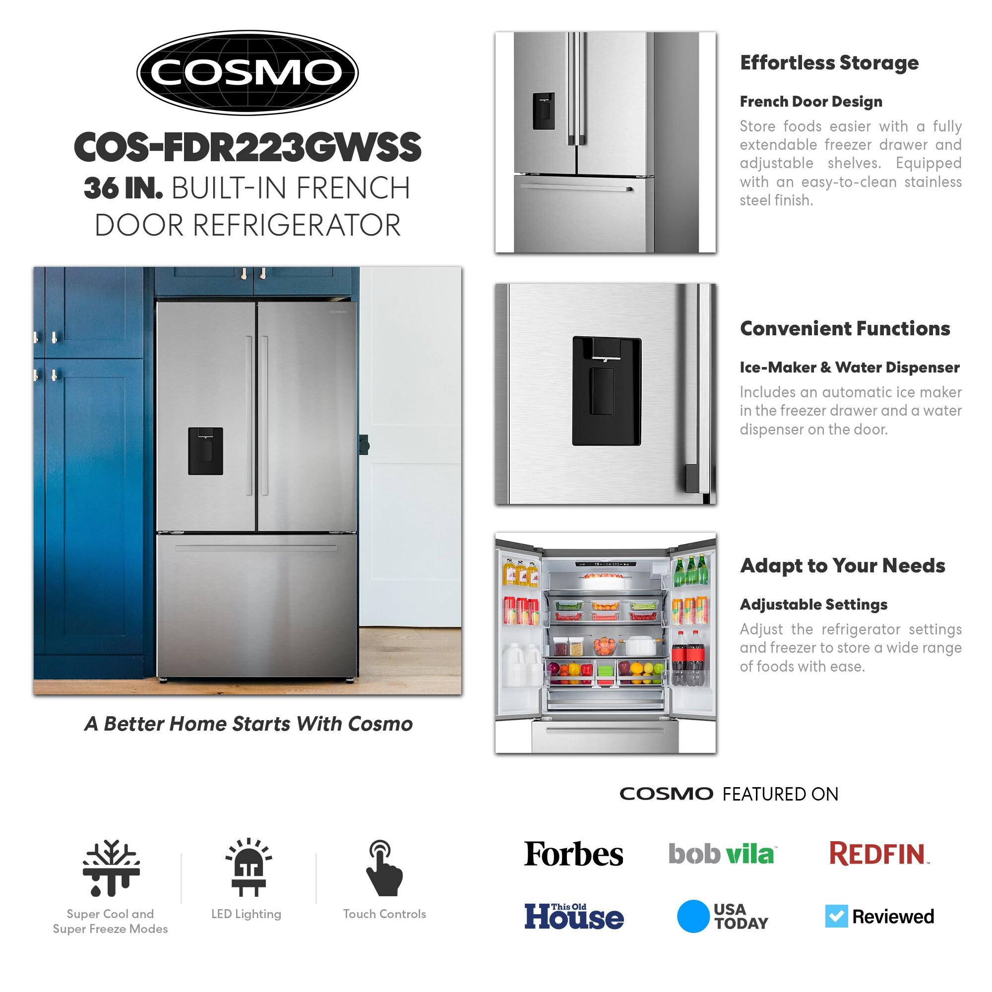 Cosmo Counterdepth 22.4cu ft French Door Refrigerator with Ice Maker, Water and Ice Dispenser