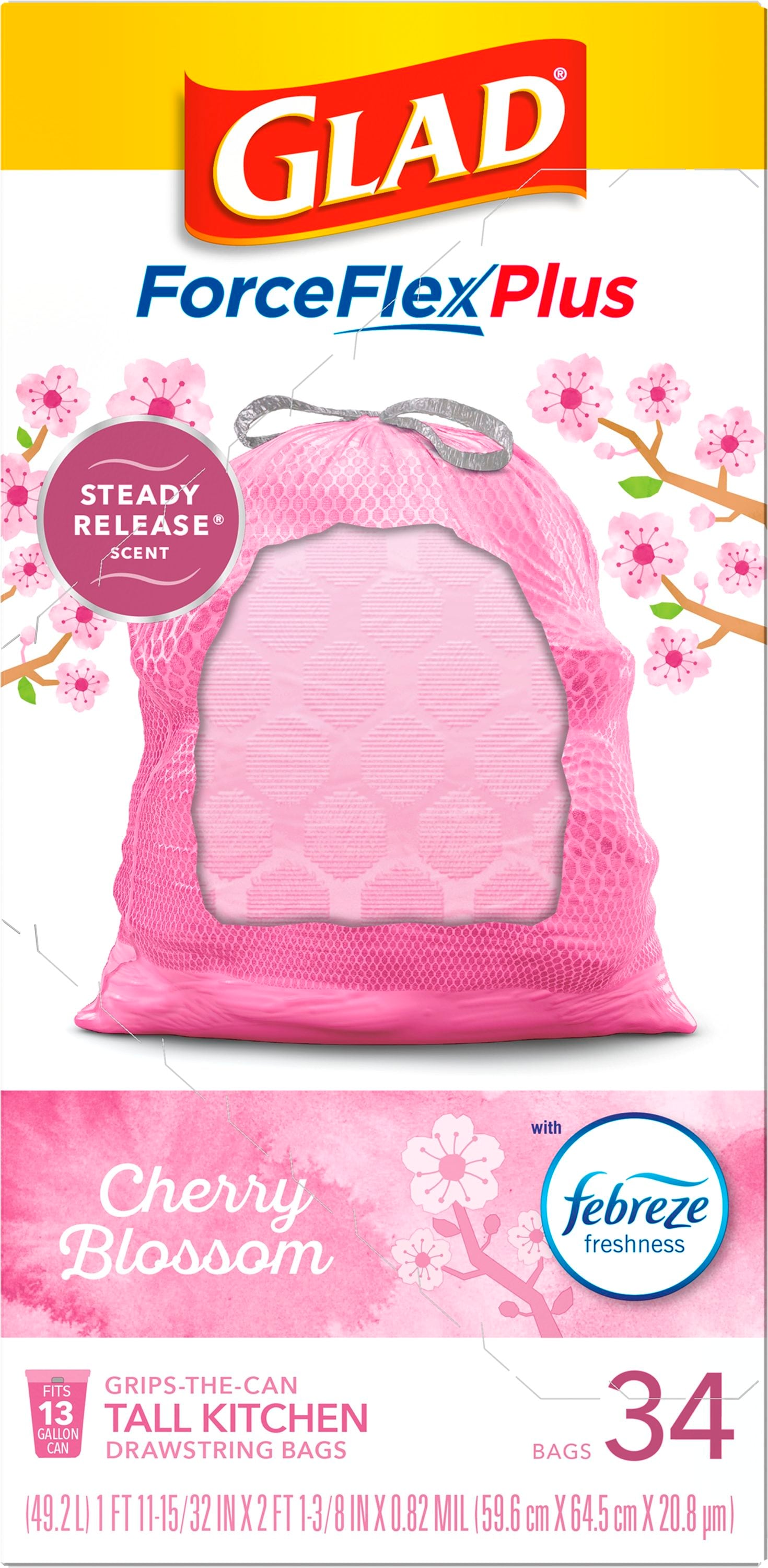 Glad ForceFlexPlus Febreze Cherry Blossom Tall Kitchen Drawstring 13 Gallon Trash  Bags - 34 Count - Safeway