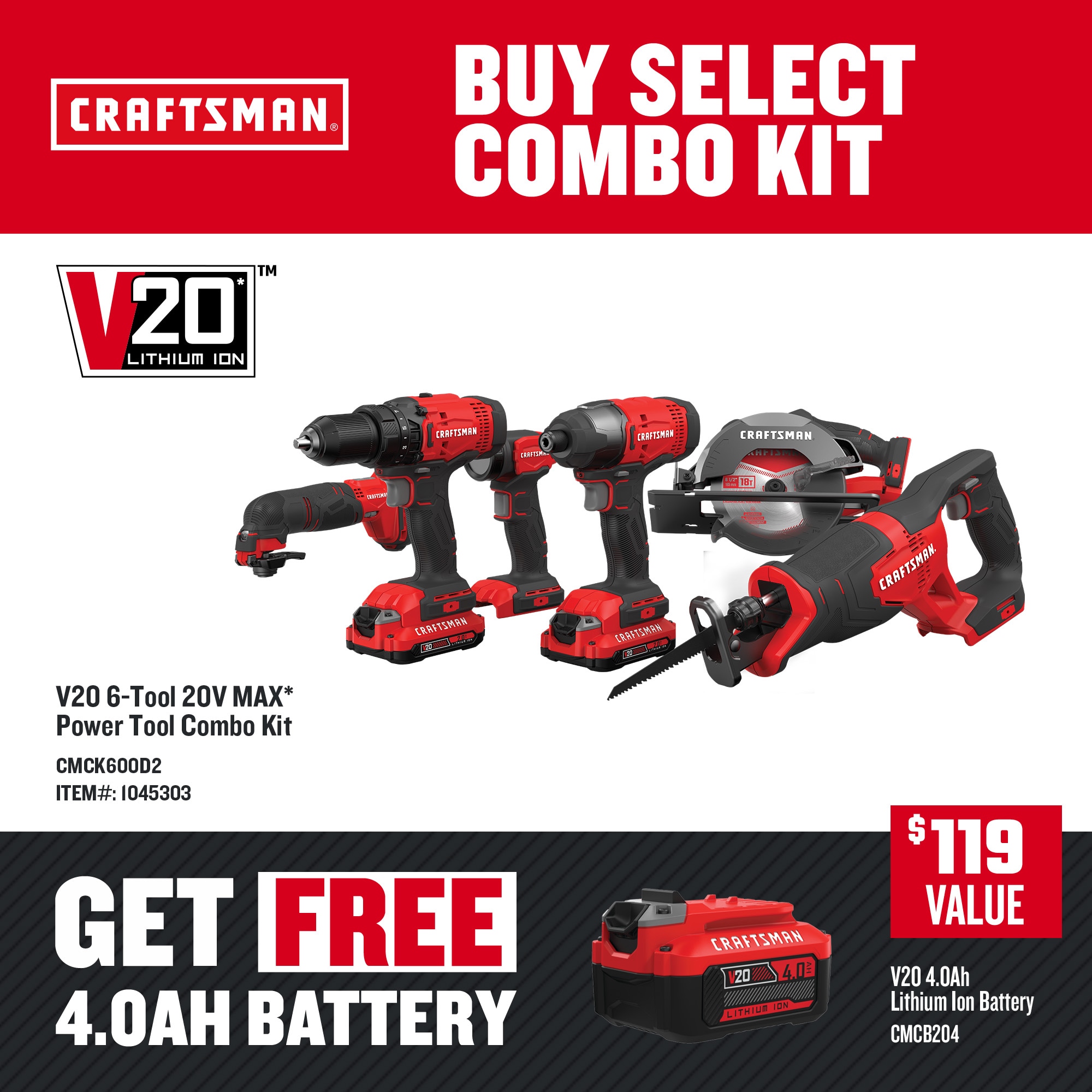 CRAFTSMAN V20 6-Tool Power Tool Combo Kit with Soft Case (Li-ion Batteries  Included and Charger Included) in the Power Tool Combo Kits department at 
